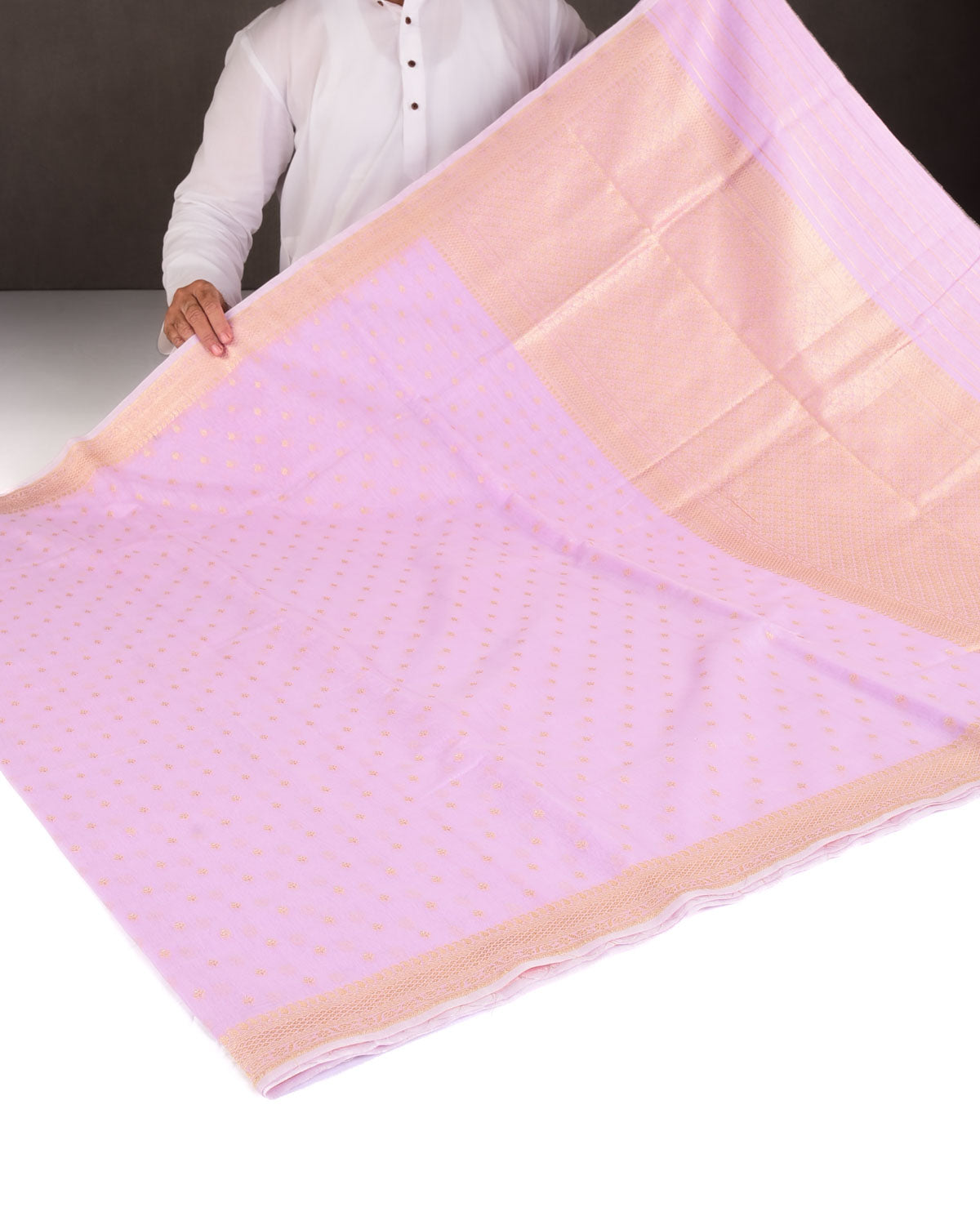 Mauve Gold & Silver Zari Buti Cutwork Brocade Woven Cotton Silk Banarasi Saree