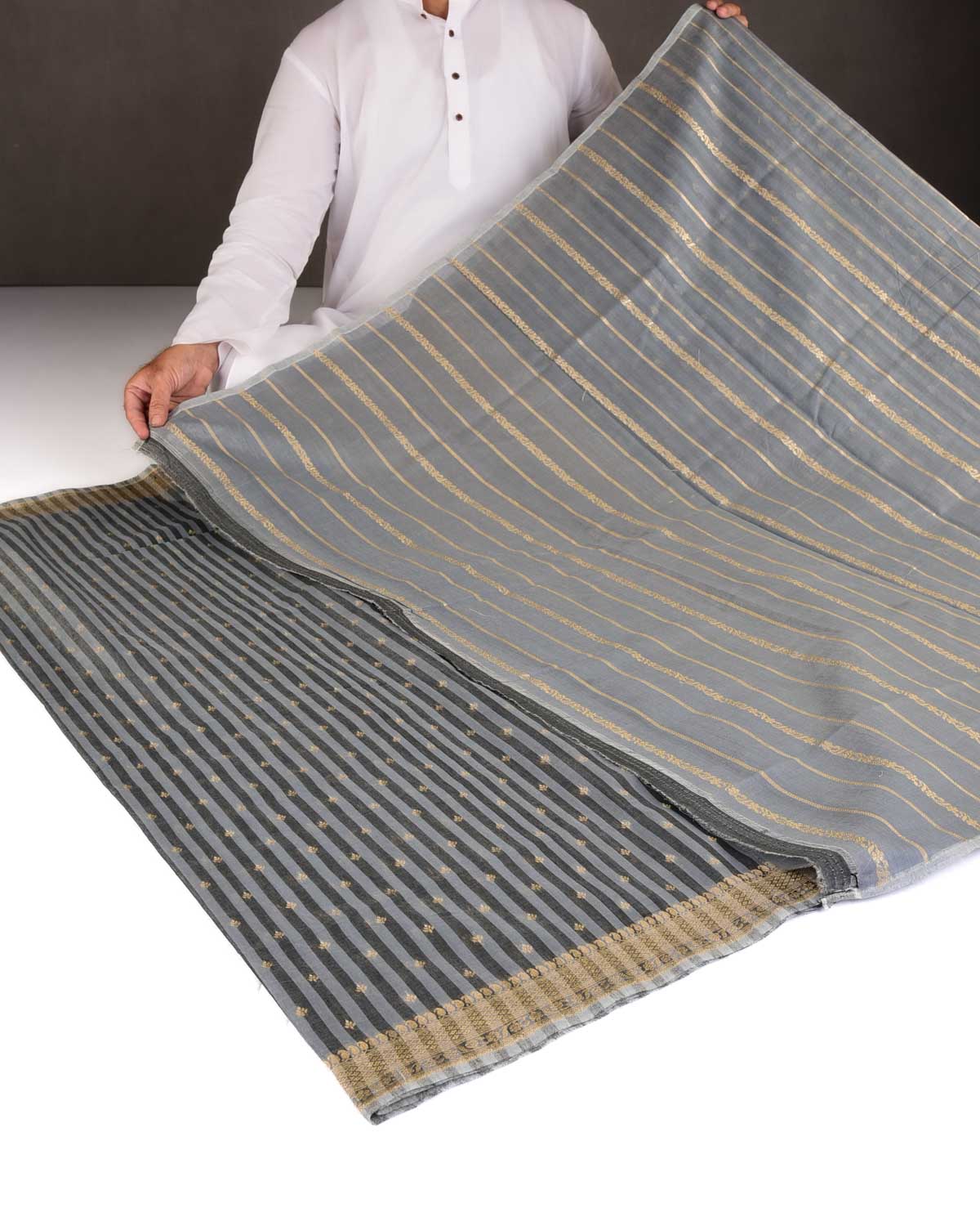 Striped Gray Gold & Silver Zari Buti Cutwork Brocade Woven Cotton Silk Banarasi Saree