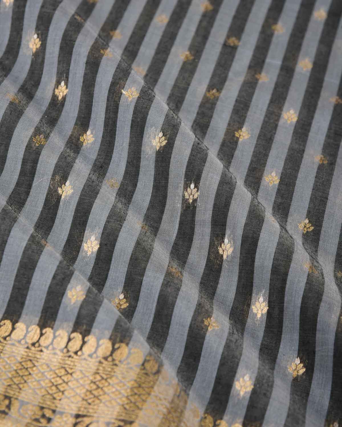 Striped Gray Gold & Silver Zari Buti Cutwork Brocade Woven Cotton Silk Banarasi Saree