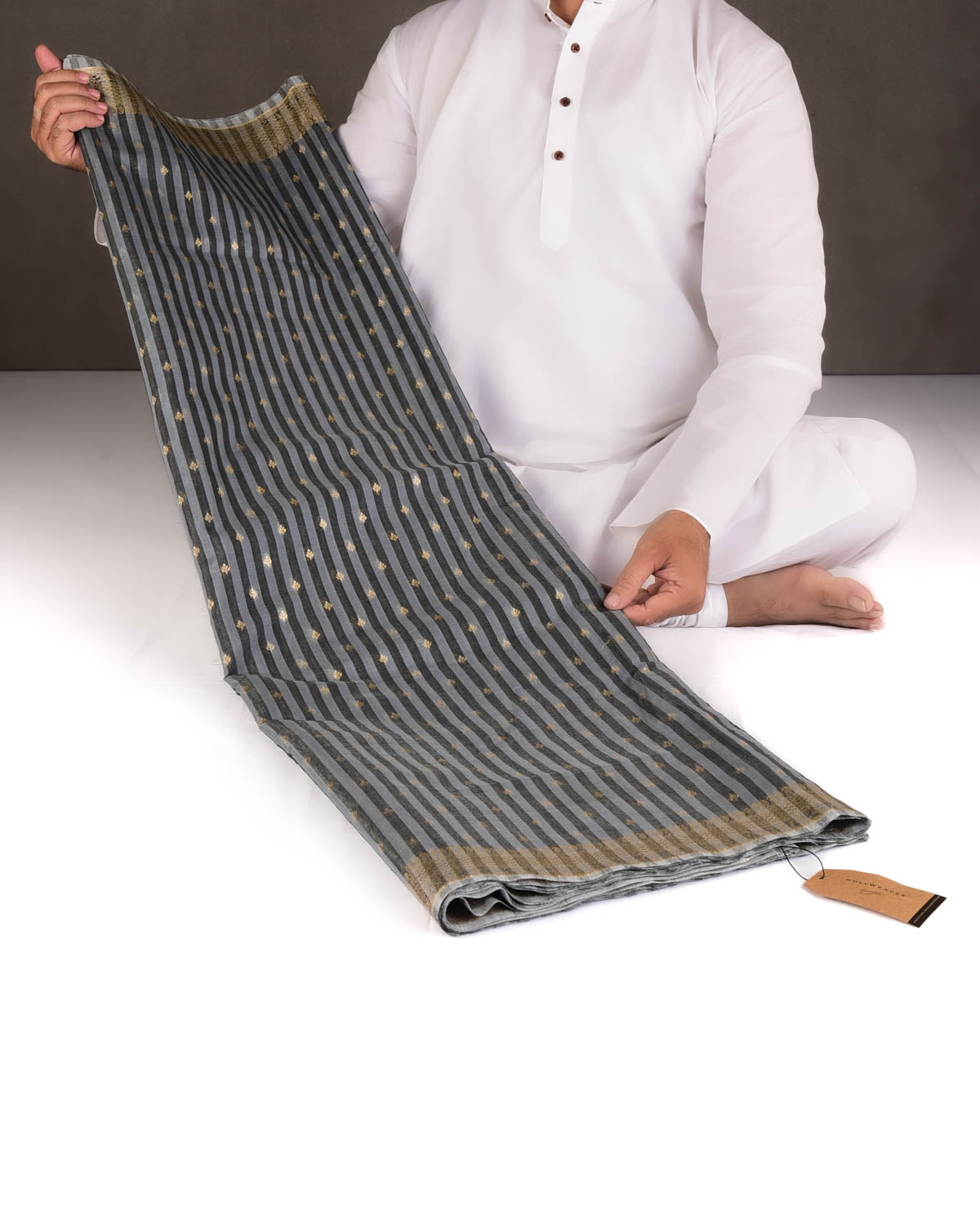 Striped Gray Gold & Silver Zari Buti Cutwork Brocade Woven Cotton Silk Banarasi Saree