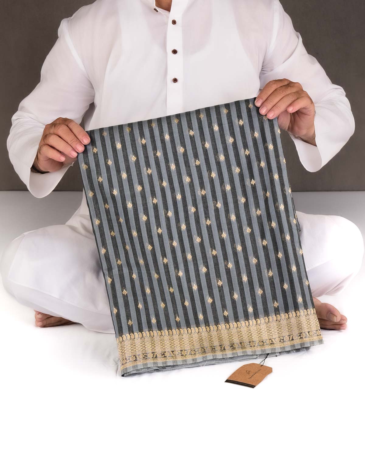 Striped Gray Gold & Silver Zari Buti Cutwork Brocade Woven Cotton Silk Banarasi Saree