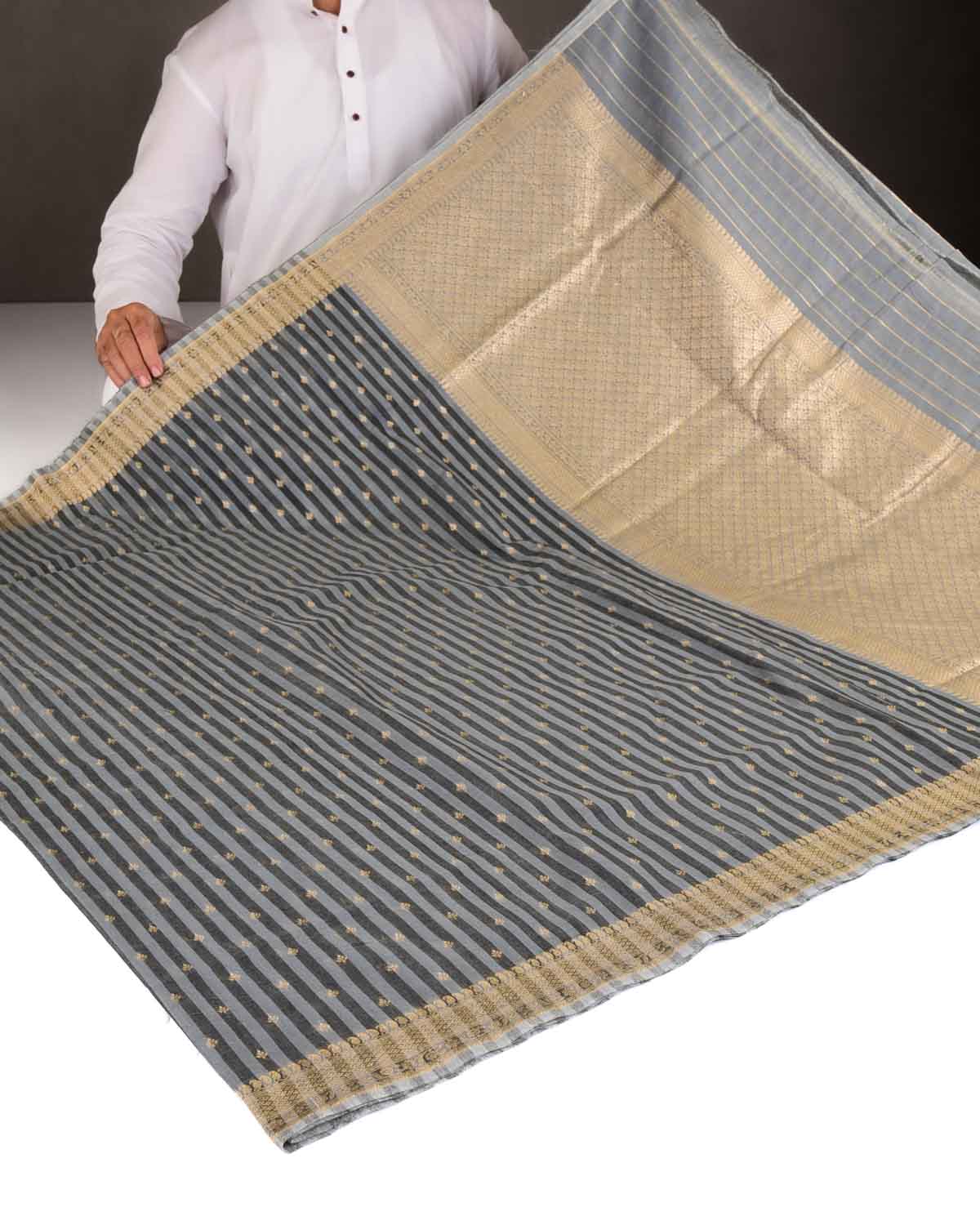 Striped Gray Gold & Silver Zari Buti Cutwork Brocade Woven Cotton Silk Banarasi Saree