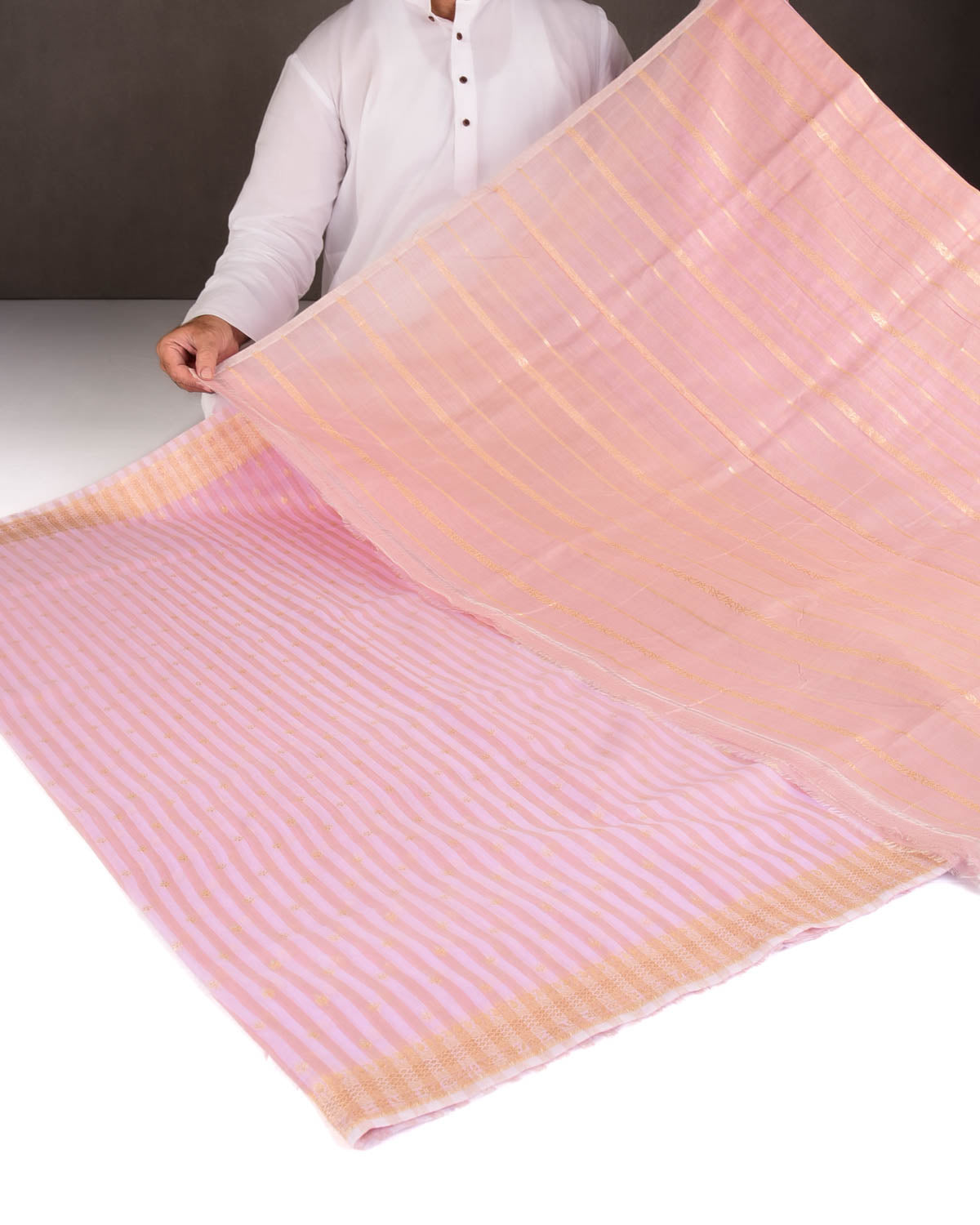 Striped Rosy Brown Gold & Silver Zari Buti Cutwork Brocade Woven Cotton Silk Banarasi Saree