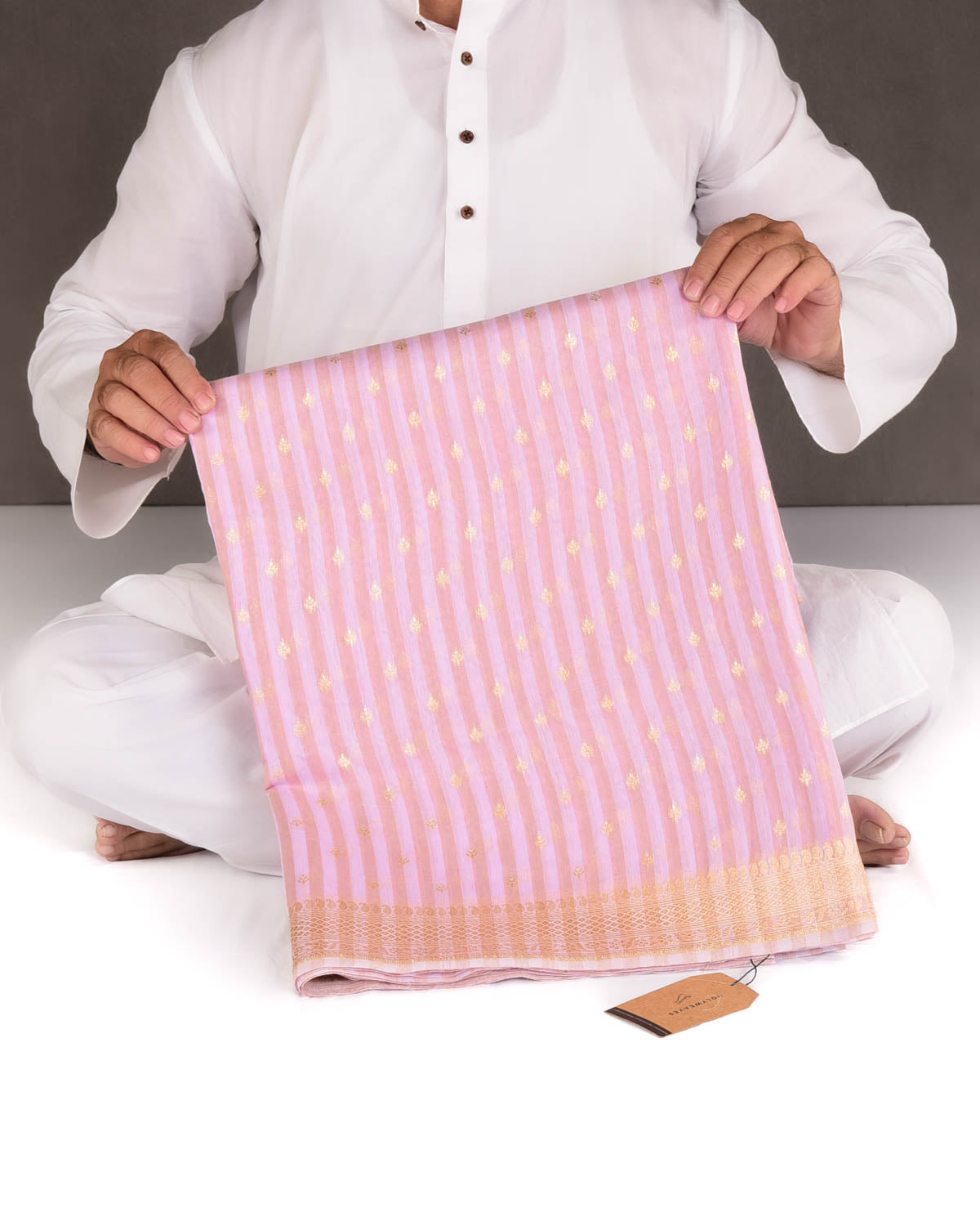Striped Rosy Brown Gold & Silver Zari Buti Cutwork Brocade Woven Cotton Silk Banarasi Saree