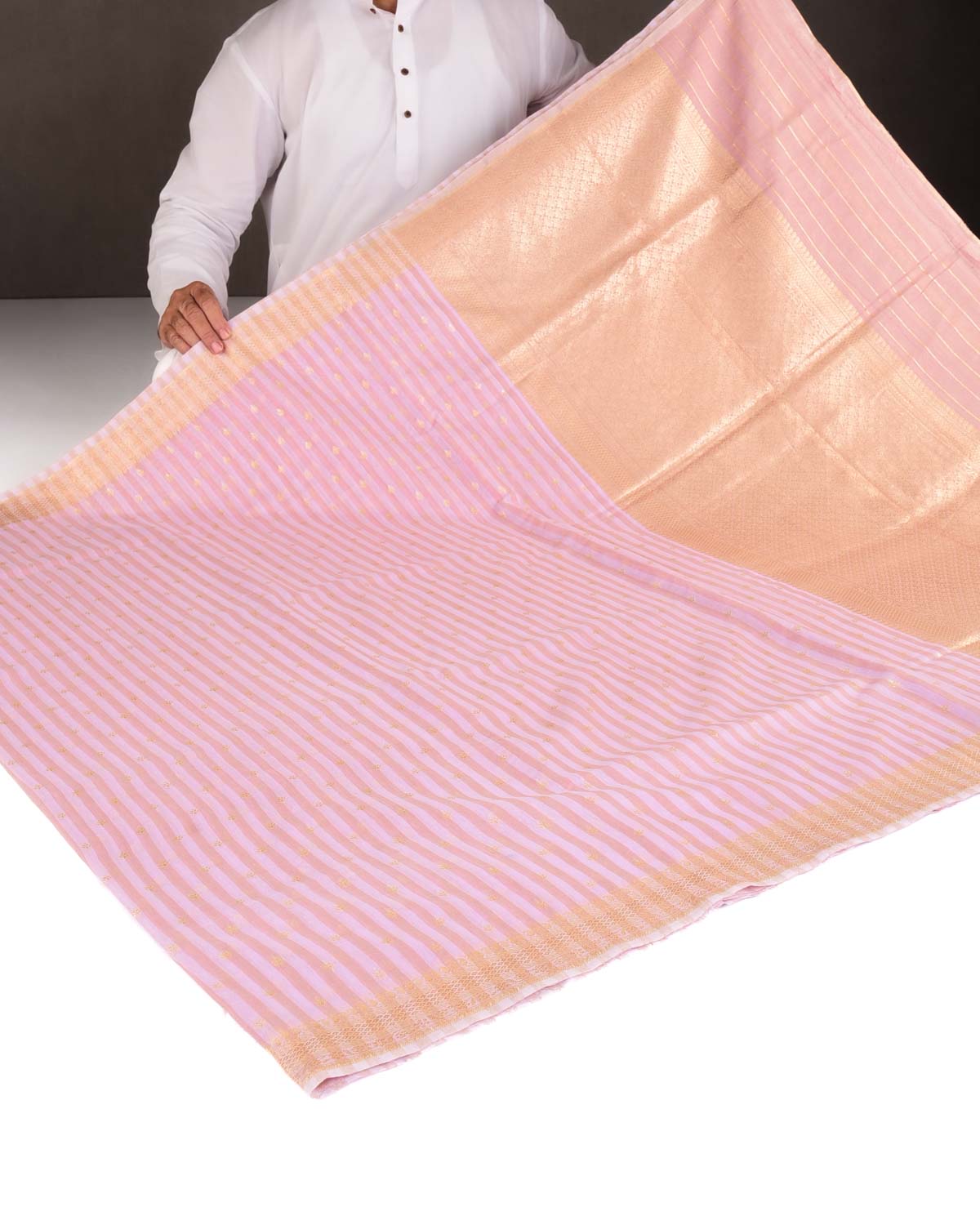 Striped Rosy Brown Gold & Silver Zari Buti Cutwork Brocade Woven Cotton Silk Banarasi Saree