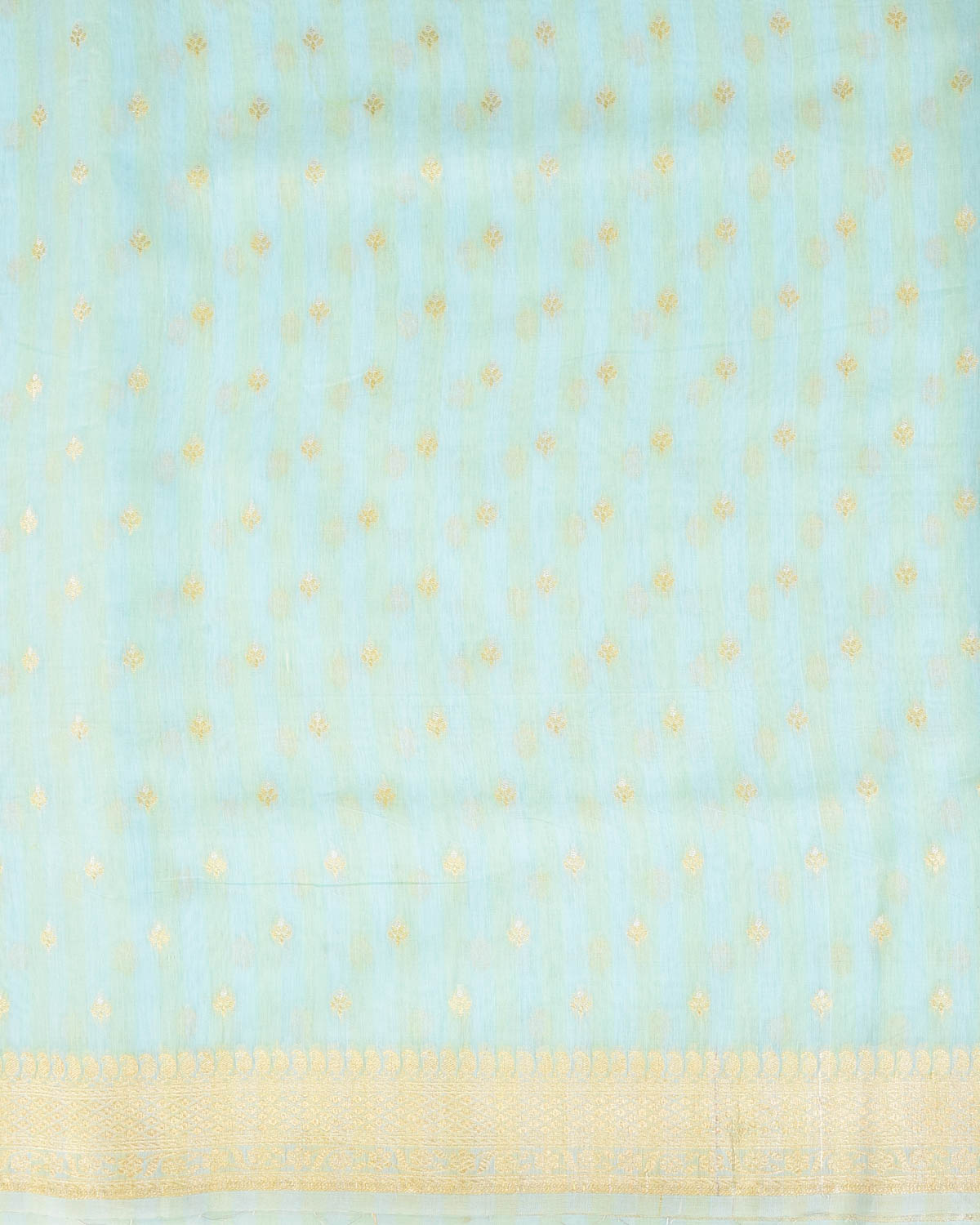 Striped Blue-Green Gold & Silver Zari Buti Cutwork Brocade Woven Cotton Silk Banarasi Saree