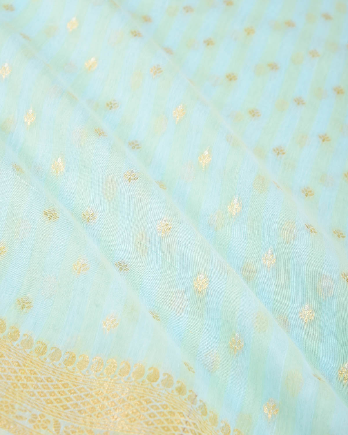Striped Blue-Green Gold & Silver Zari Buti Cutwork Brocade Woven Cotton Silk Banarasi Saree