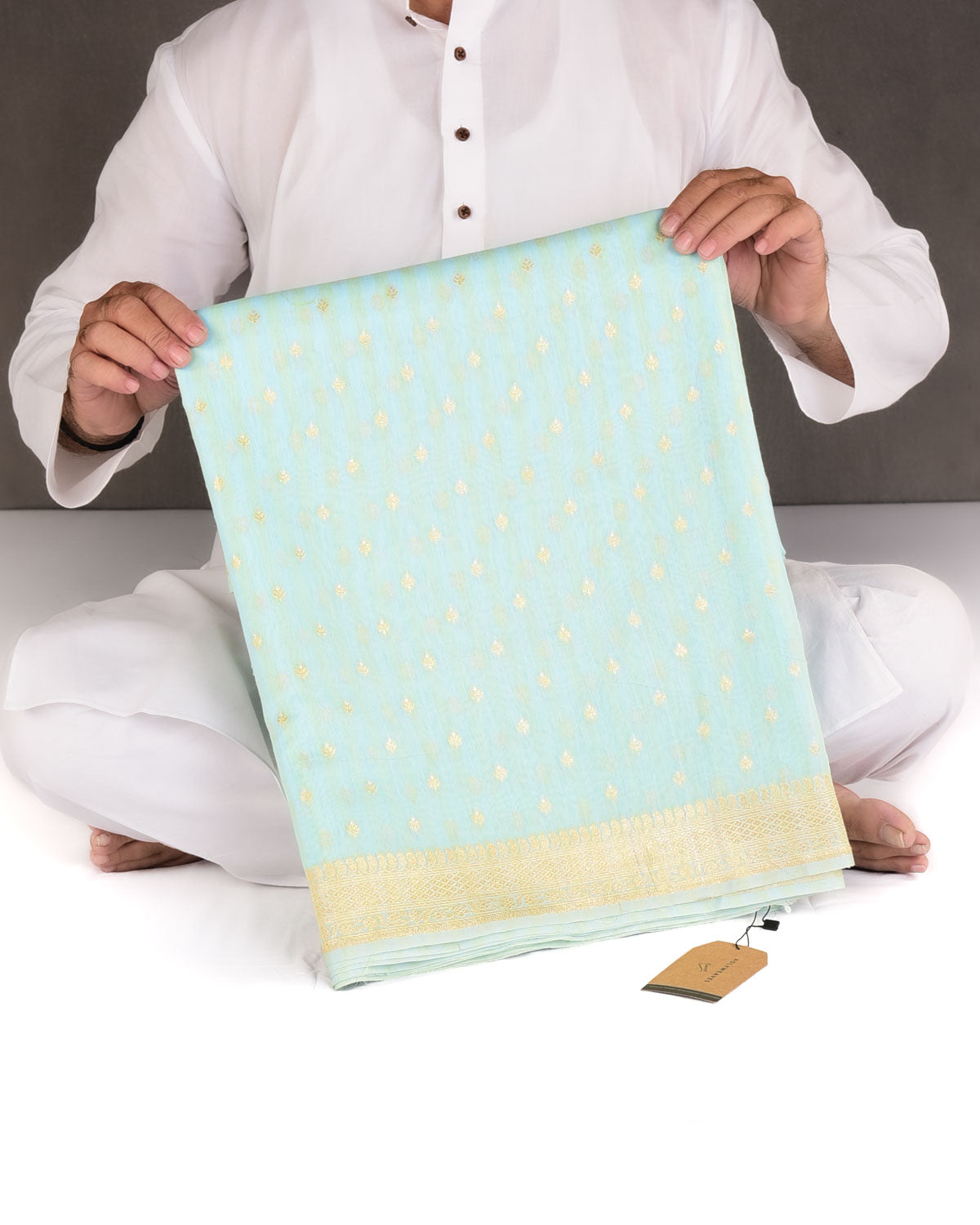 Striped Blue-Green Gold & Silver Zari Buti Cutwork Brocade Woven Cotton Silk Banarasi Saree