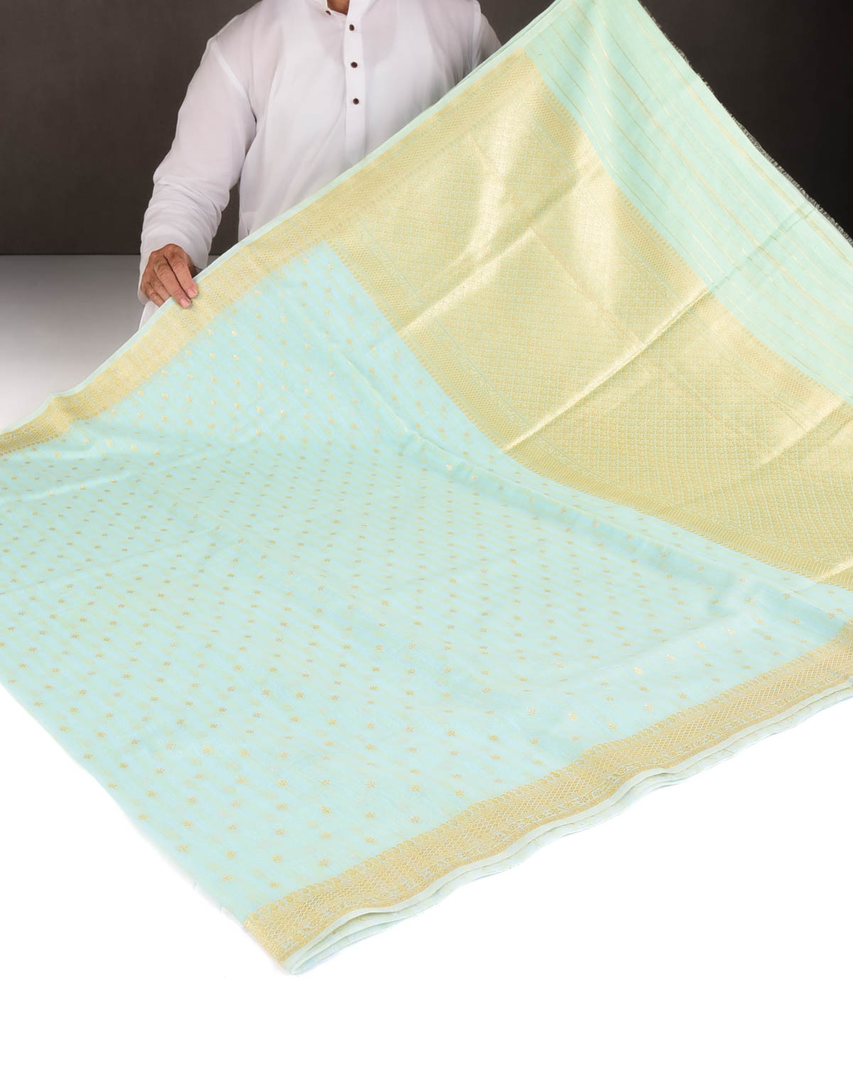Striped Blue-Green Gold & Silver Zari Buti Cutwork Brocade Woven Cotton Silk Banarasi Saree
