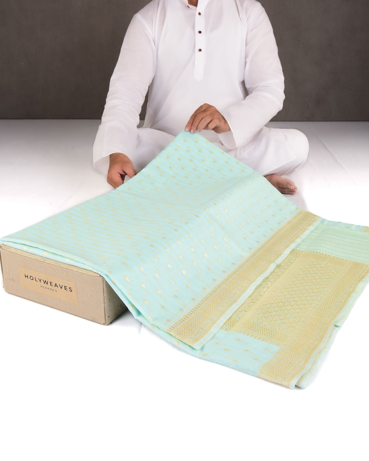 Striped Blue-Green Gold & Silver Zari Buti Cutwork Brocade Woven Cotton Silk Banarasi Saree