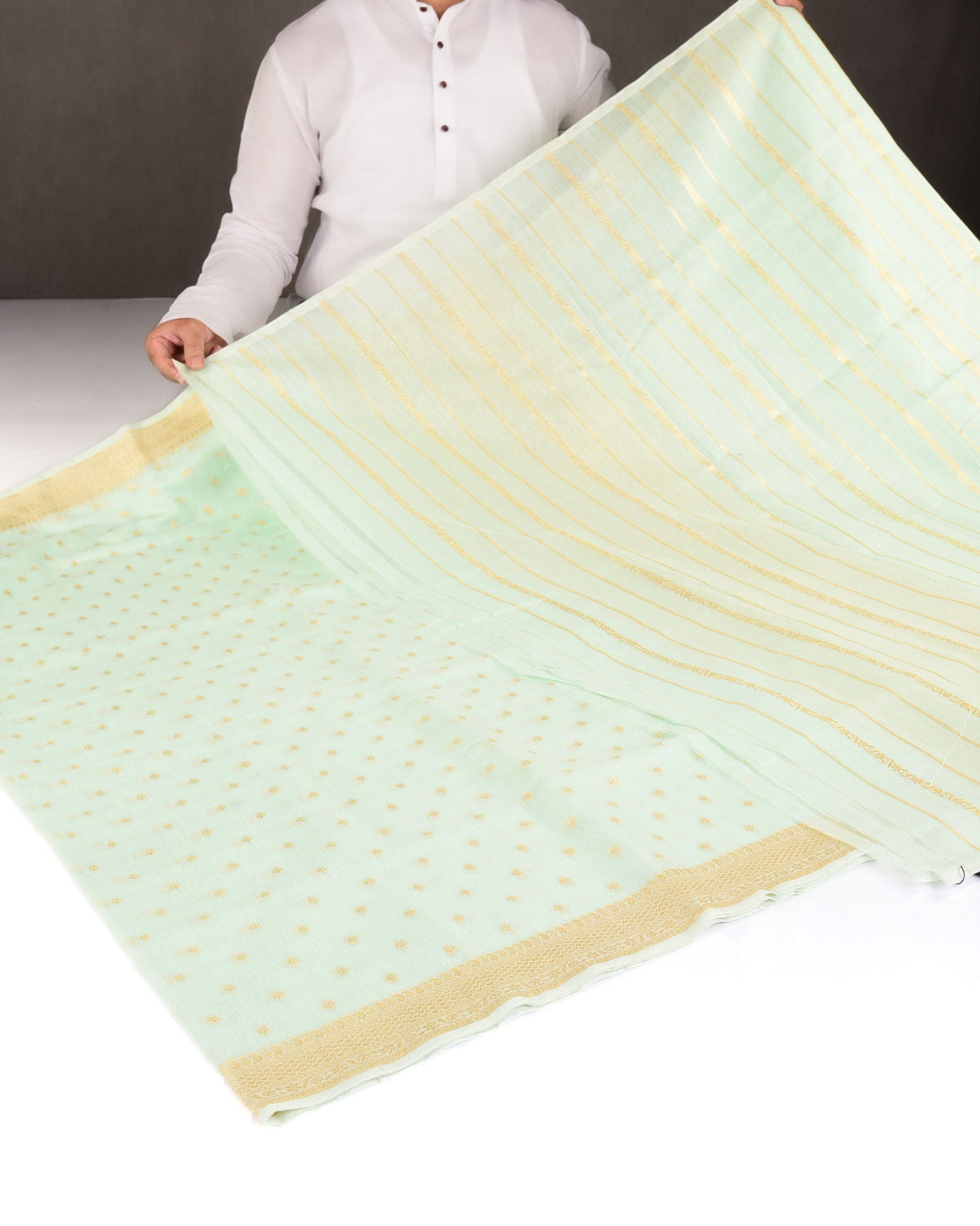 Green Gold & Silver Zari Buti Cutwork Brocade Woven Cotton Silk Banarasi Saree-HolyWeaves