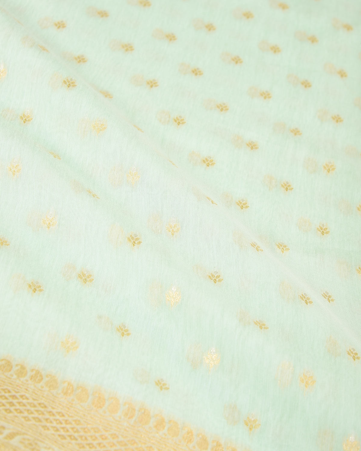 Green Gold & Silver Zari Buti Cutwork Brocade Woven Cotton Silk Banarasi Saree-HolyWeaves