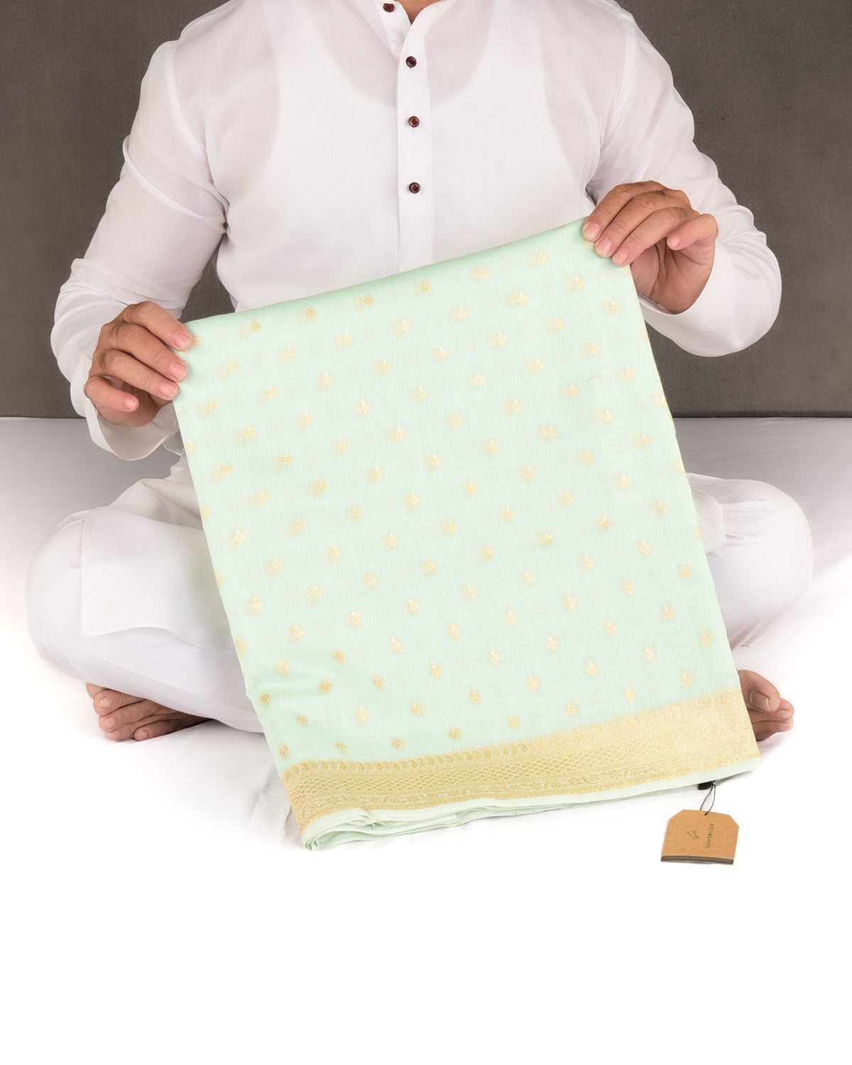 Green Gold & Silver Zari Buti Cutwork Brocade Woven Cotton Silk Banarasi Saree-HolyWeaves