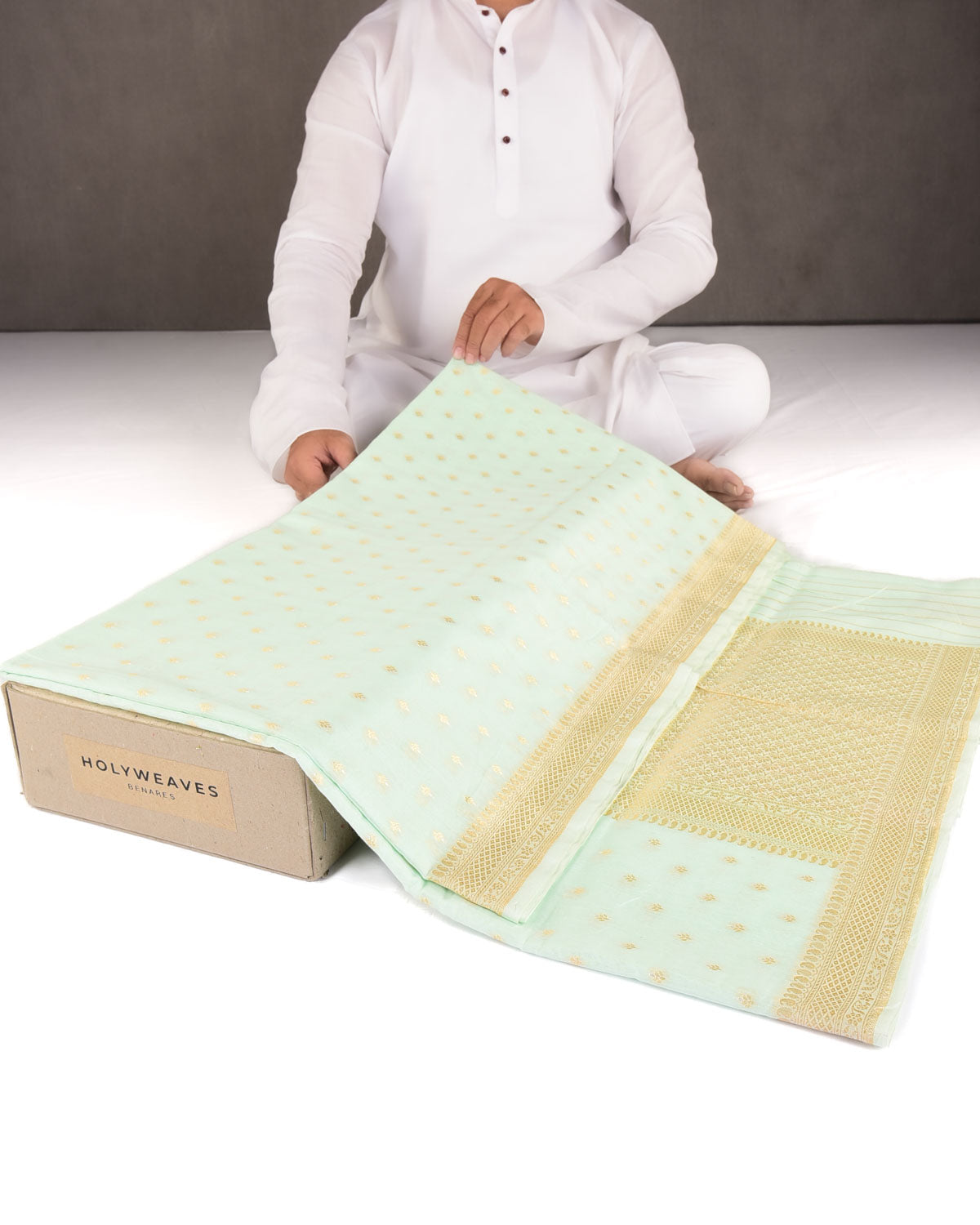 Green Gold & Silver Zari Buti Cutwork Brocade Woven Cotton Silk Banarasi Saree-HolyWeaves