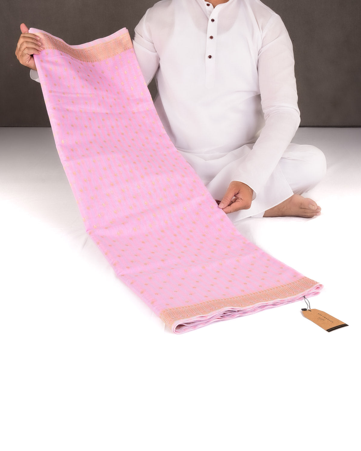 Striped Pink Gold & Silver Zari Buti Cutwork Brocade Woven Cotton Silk Banarasi Saree-HolyWeaves