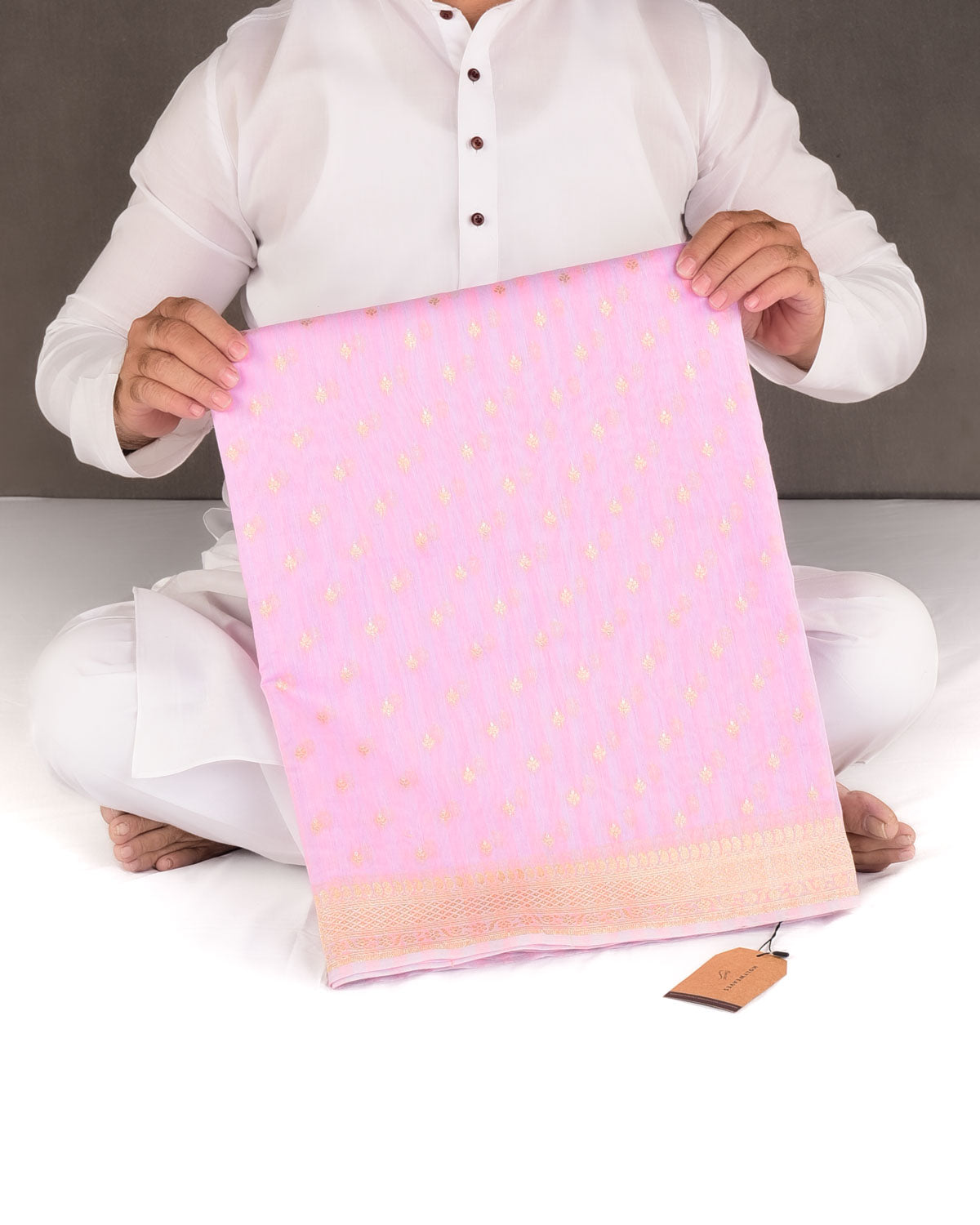 Striped Pink Gold & Silver Zari Buti Cutwork Brocade Woven Cotton Silk Banarasi Saree-HolyWeaves