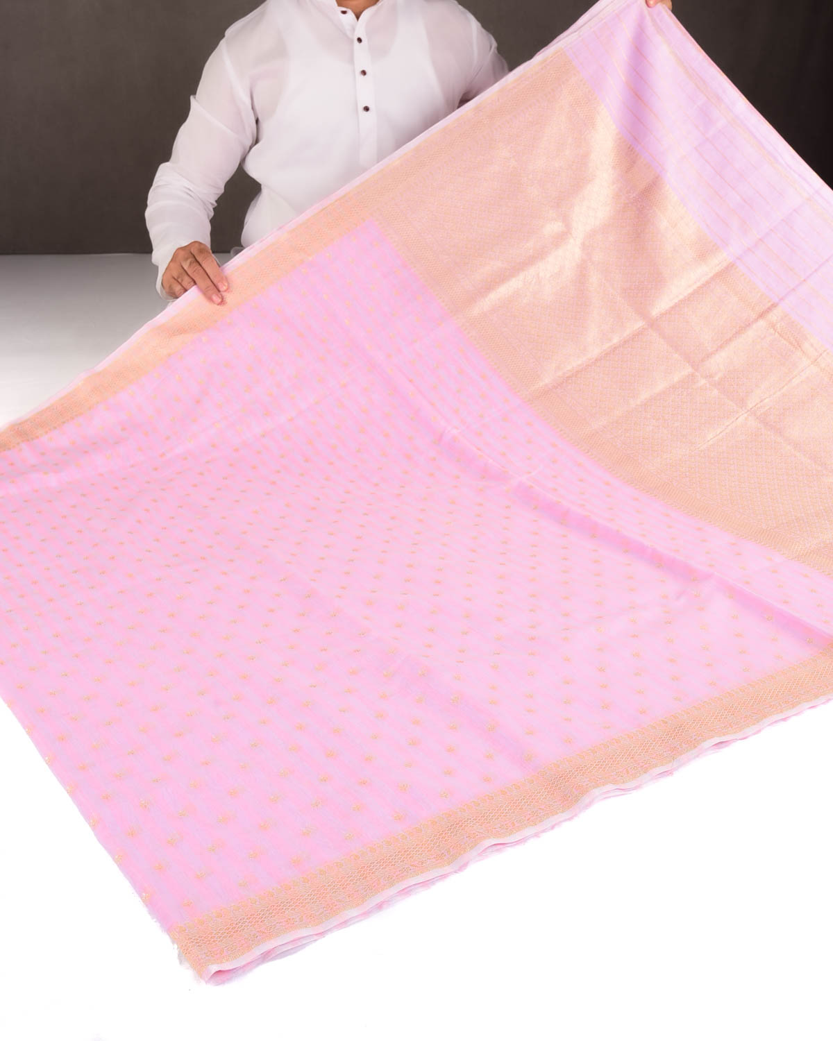 Striped Pink Gold & Silver Zari Buti Cutwork Brocade Woven Cotton Silk Banarasi Saree-HolyWeaves