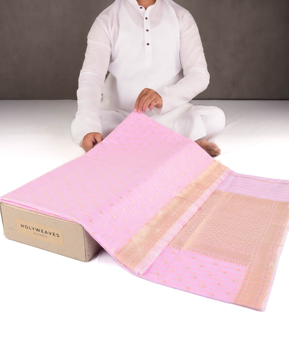 Striped Pink Gold & Silver Zari Buti Cutwork Brocade Woven Cotton Silk Banarasi Saree-HolyWeaves