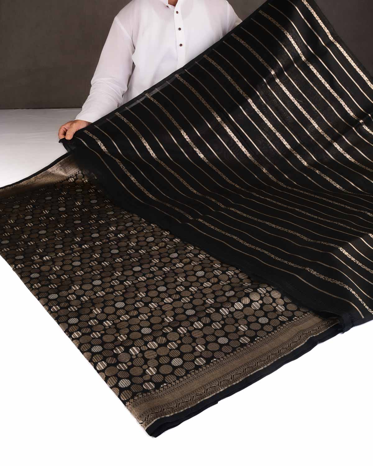 Black Gold & Silver Zari Spheres Cutwork Brocade Woven Cotton Silk Banarasi Saree