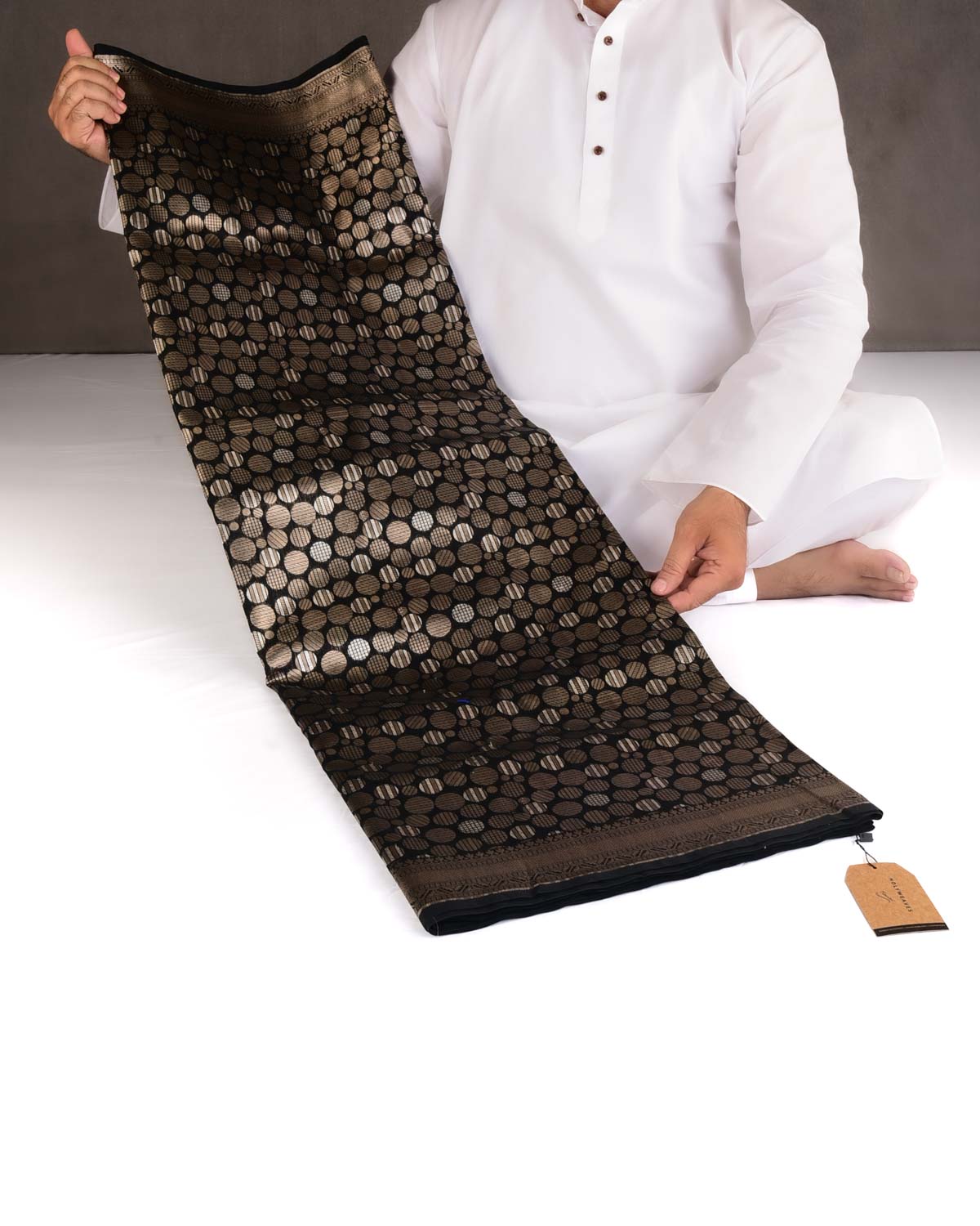 Black Gold & Silver Zari Spheres Cutwork Brocade Woven Cotton Silk Banarasi Saree