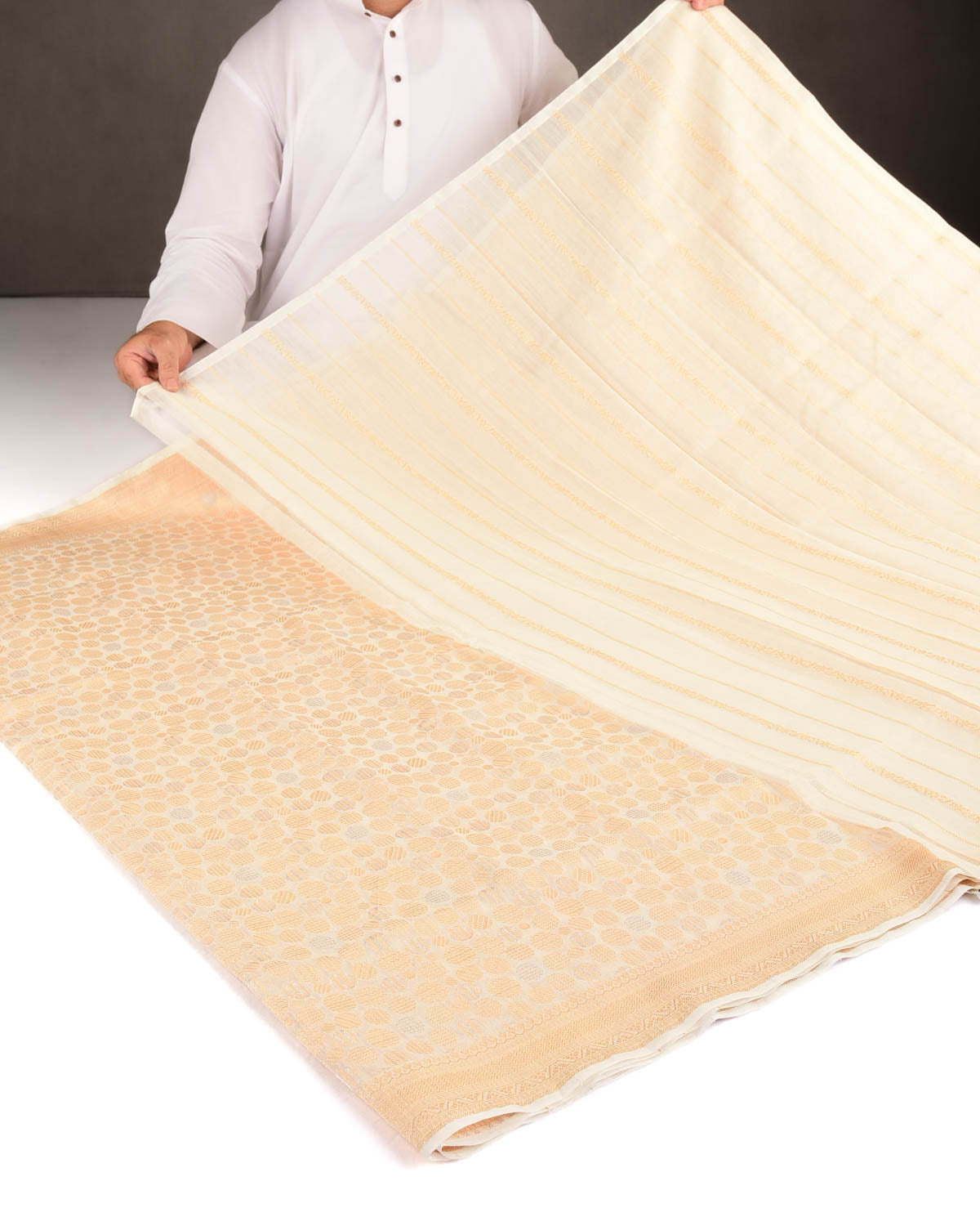 Ivory White Gold & Silver Zari Spheres Cutwork Brocade Woven Cotton Silk Banarasi Saree