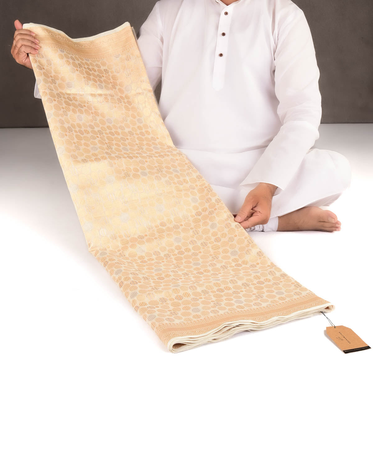 Ivory White Gold & Silver Zari Spheres Cutwork Brocade Woven Cotton Silk Banarasi Saree