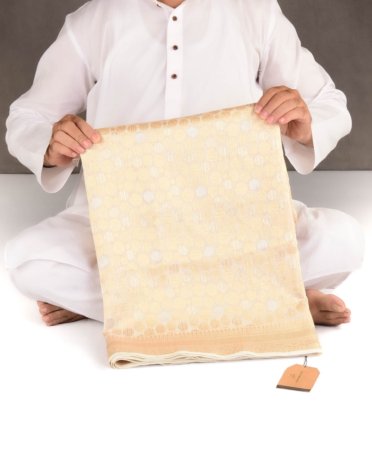 Ivory White Gold & Silver Zari Spheres Cutwork Brocade Woven Cotton Silk Banarasi Saree