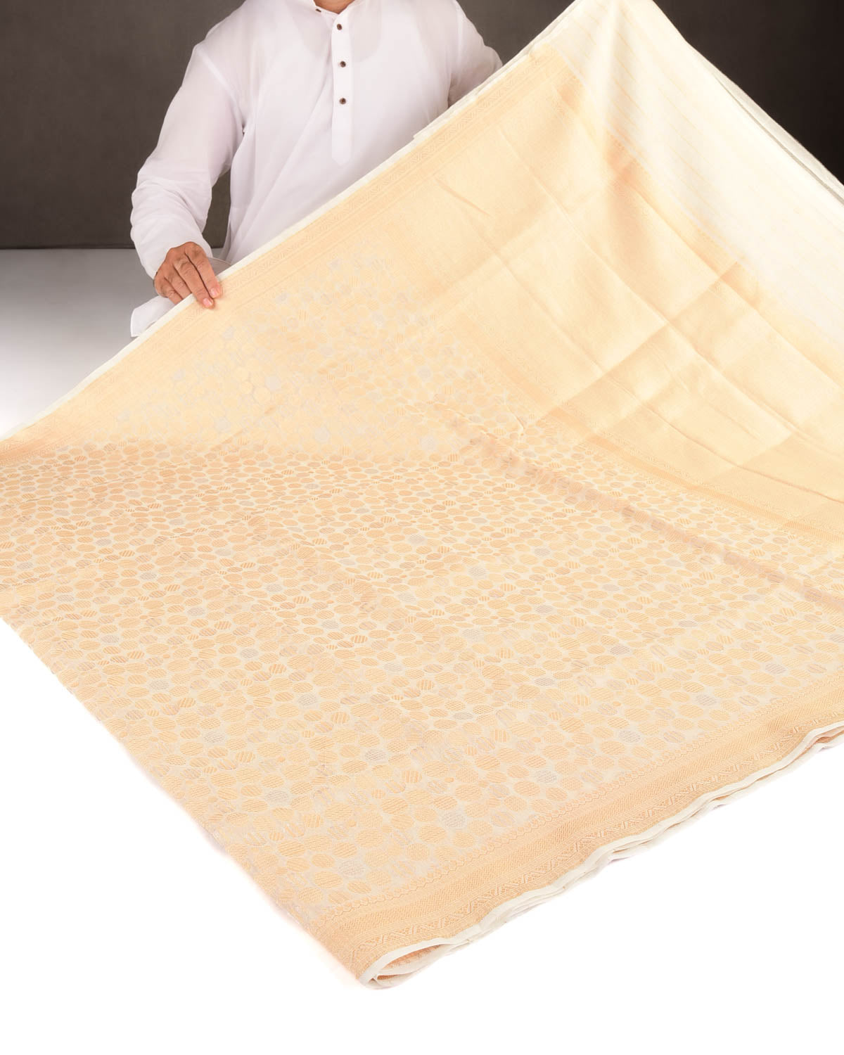 Ivory White Gold & Silver Zari Spheres Cutwork Brocade Woven Cotton Silk Banarasi Saree