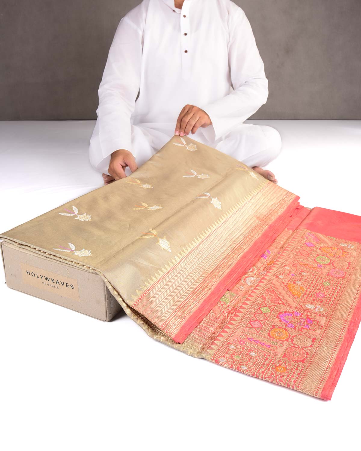 Metallic Green Gold & Silver Zari Buta Kadhuan Brocade Handwoven KatanTissue Banarasi Saree with Meenekari Border Pallu