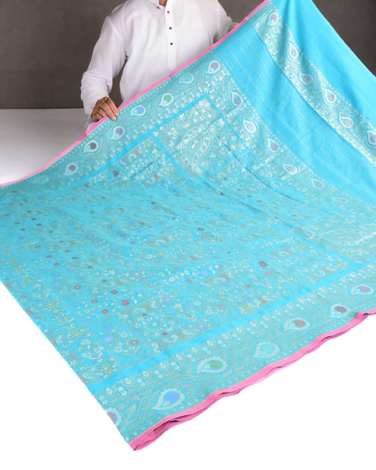 Blue Nilambari Resham And Zari Jamdani Ektara Cutwork Brocade Handwoven Cotton Banarasi Saree