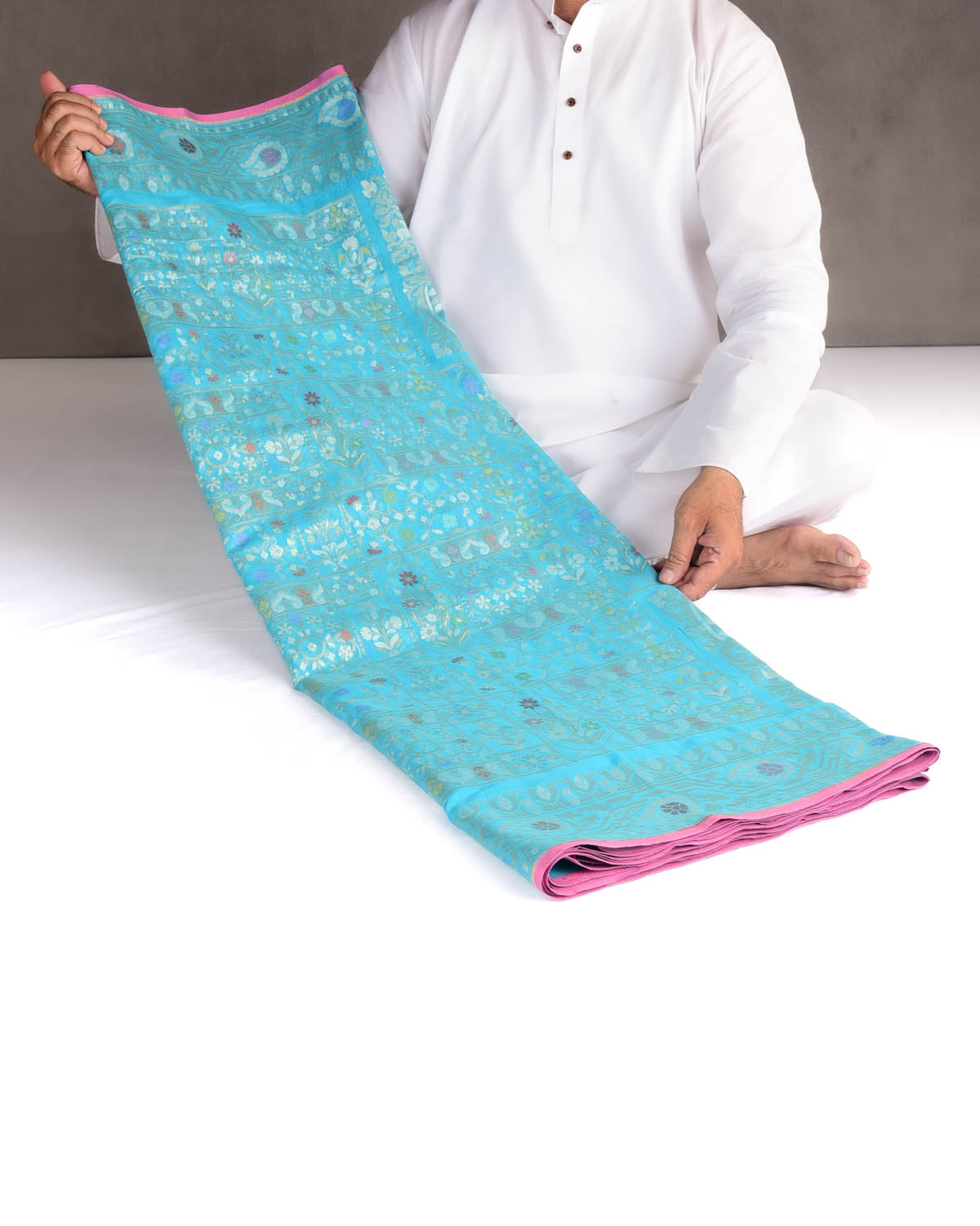 Blue Nilambari Resham And Zari Jamdani Ektara Cutwork Brocade Handwoven Cotton Banarasi Saree