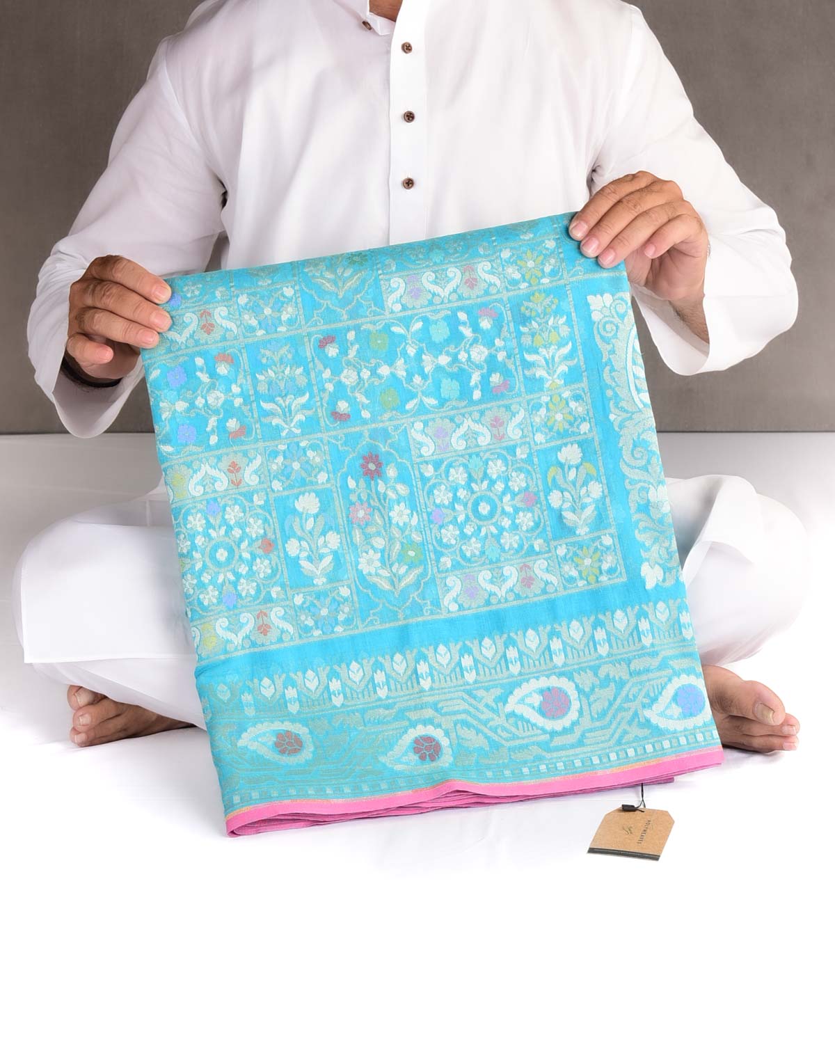 Blue Nilambari Resham And Zari Jamdani Ektara Cutwork Brocade Handwoven Cotton Banarasi Saree