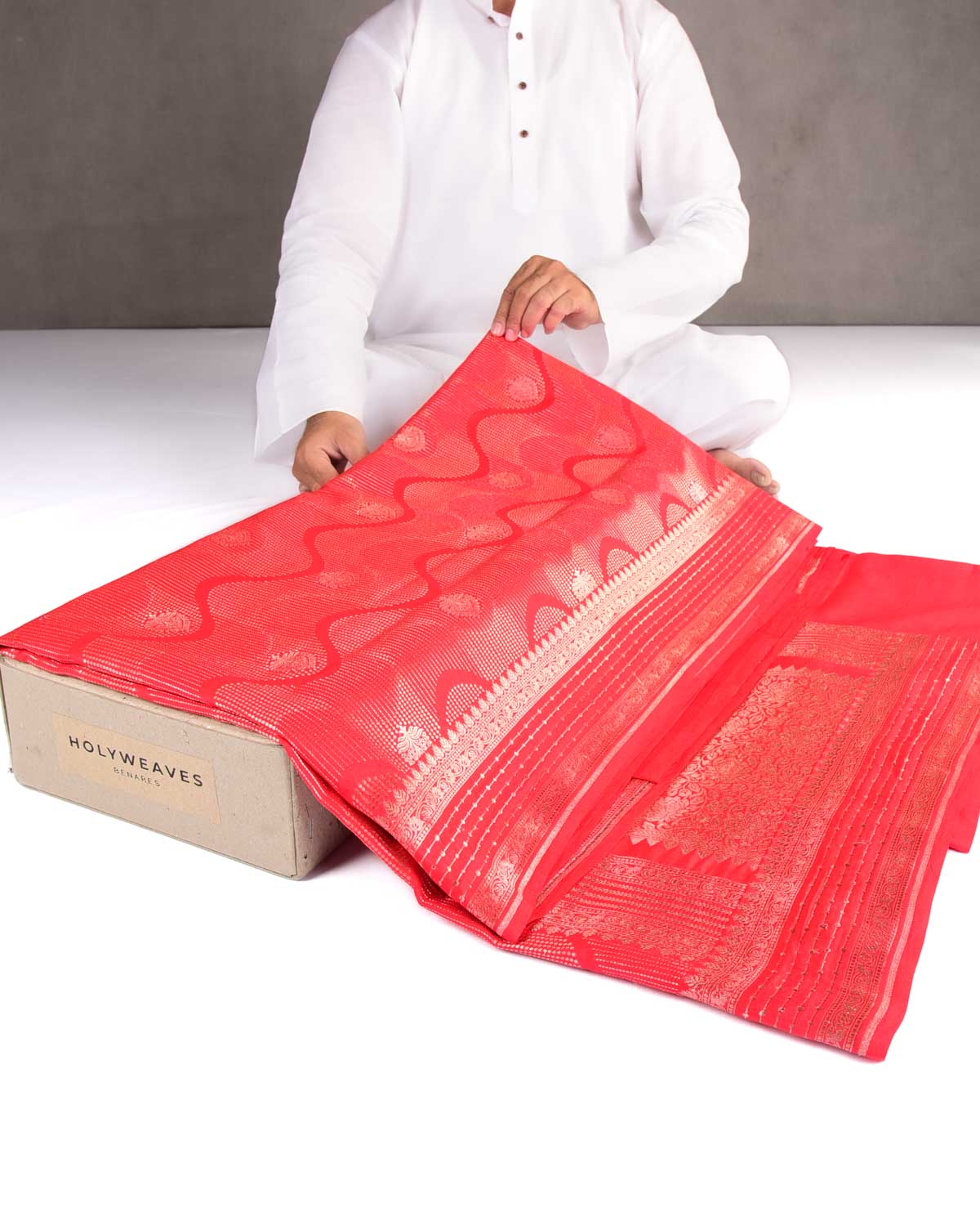 Bridal Red Gold & Silver Zari Brocade Woven Spun Silk Banarasi Saree
