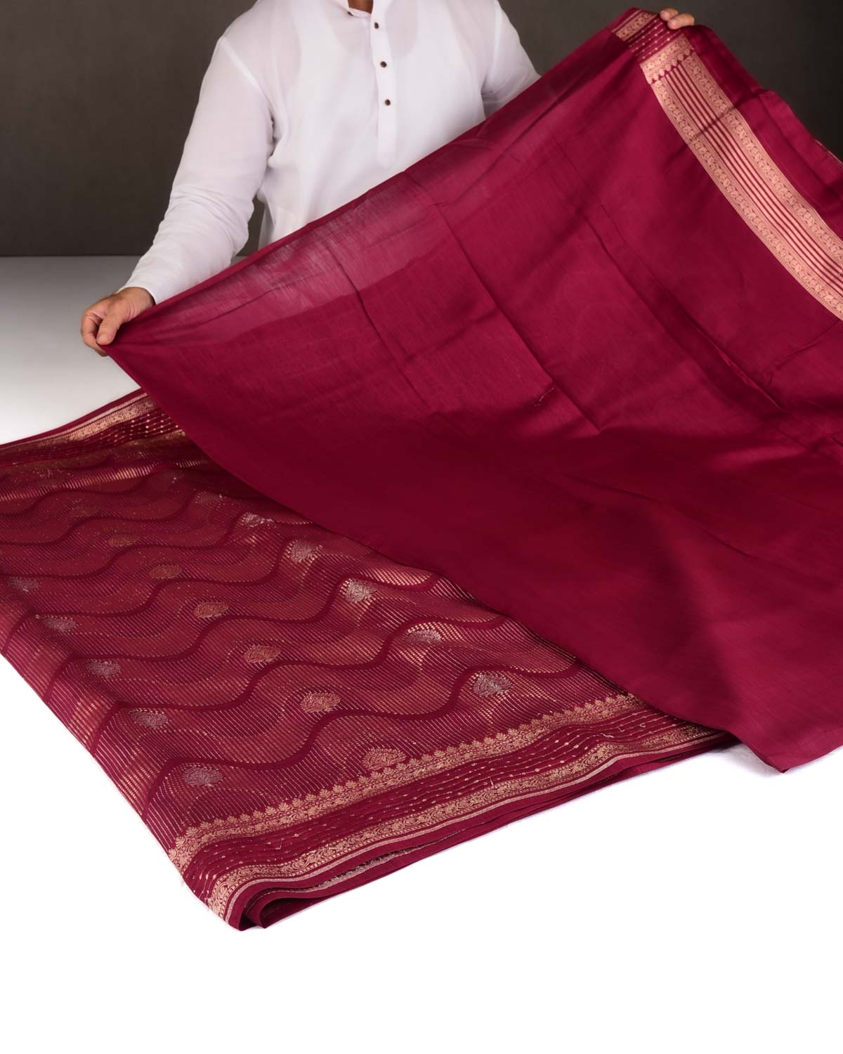 Maroon Gold & Silver Zari Brocade Woven Spun Silk Banarasi Saree