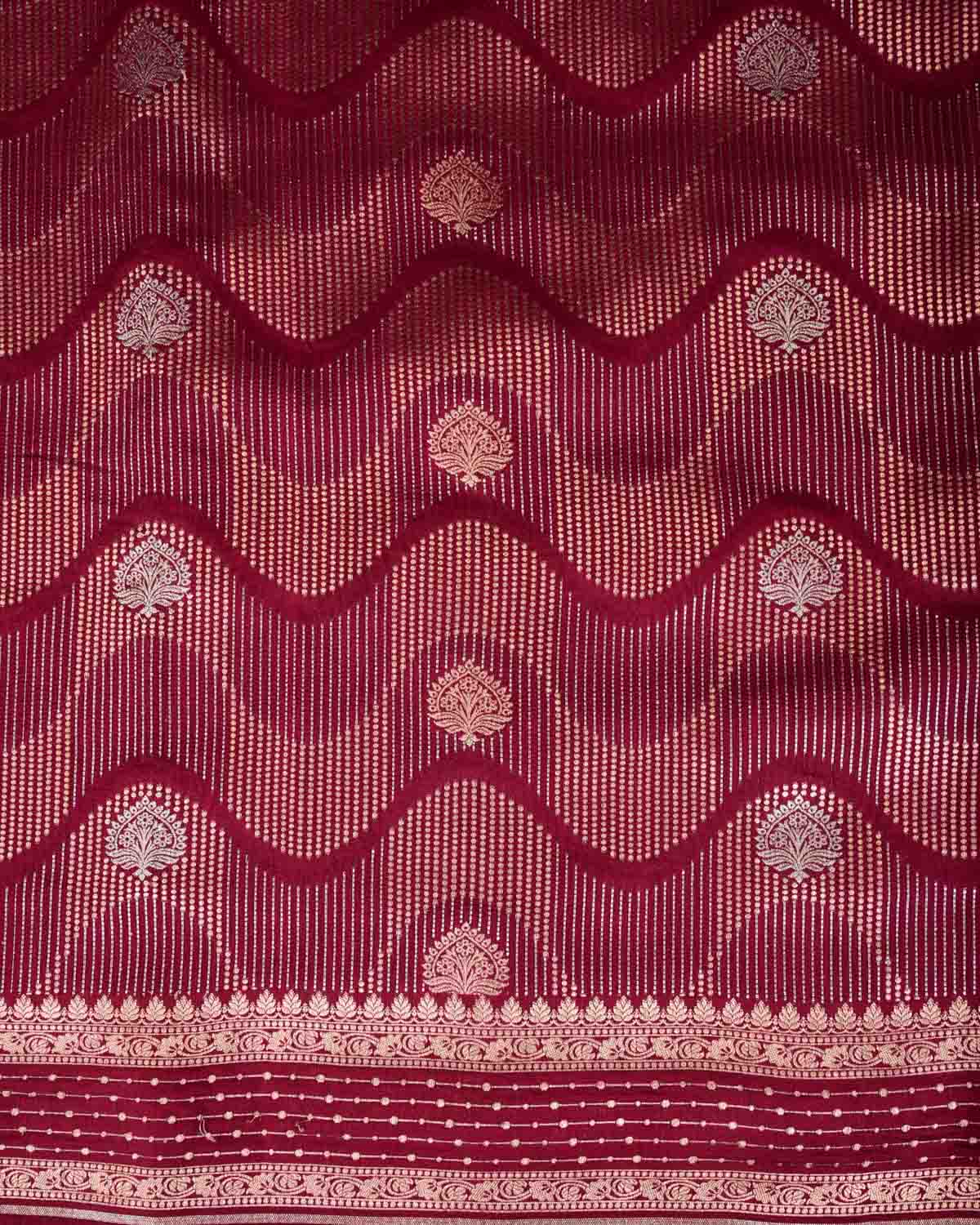 Maroon Gold & Silver Zari Brocade Woven Spun Silk Banarasi Saree