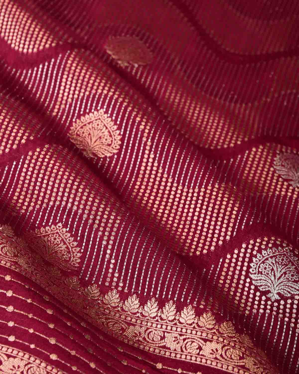 Maroon Gold & Silver Zari Brocade Woven Spun Silk Banarasi Saree