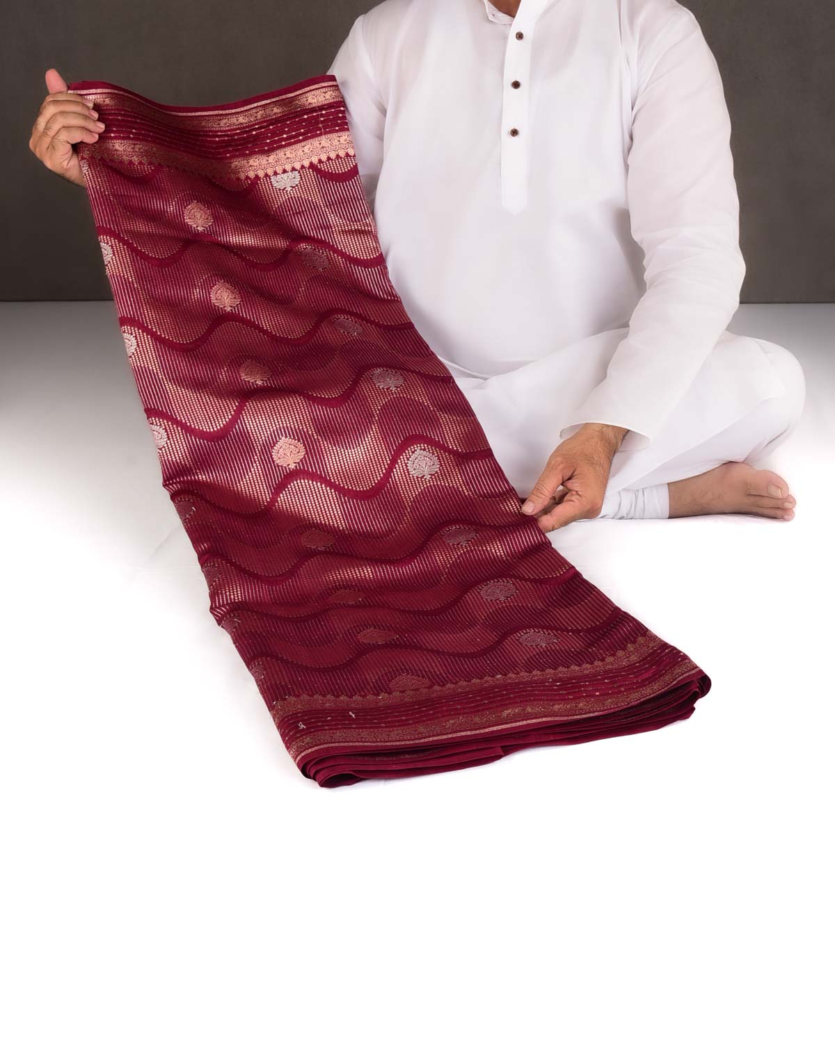 Maroon Gold & Silver Zari Brocade Woven Spun Silk Banarasi Saree