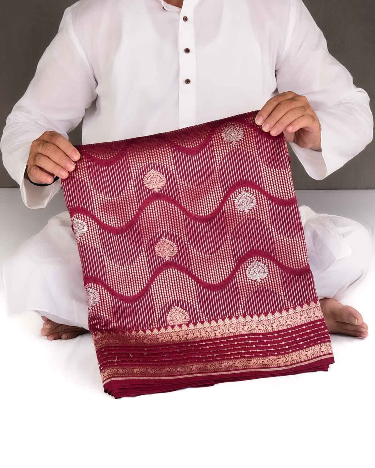 Maroon Gold & Silver Zari Brocade Woven Spun Silk Banarasi Saree