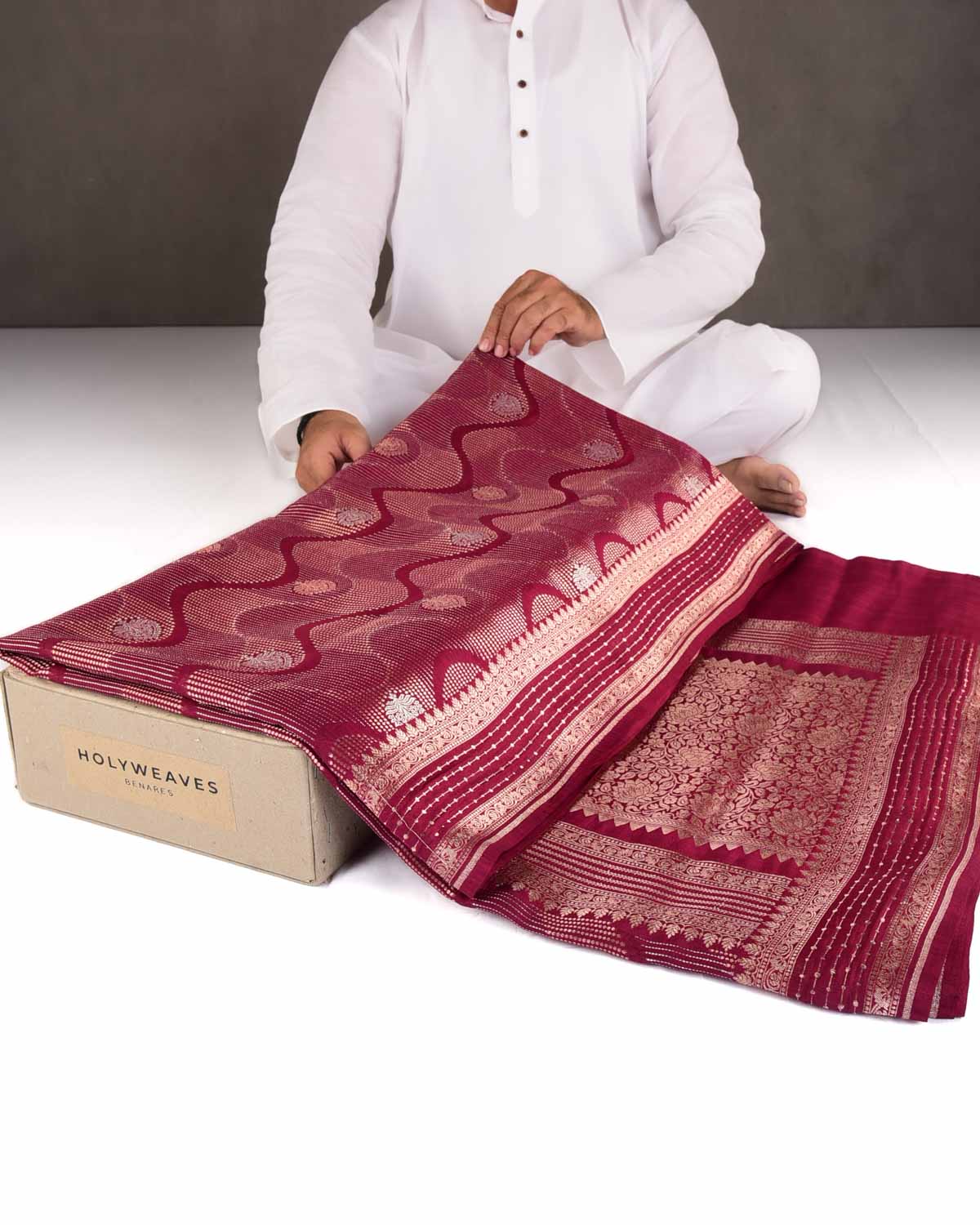 Maroon Gold & Silver Zari Brocade Woven Spun Silk Banarasi Saree