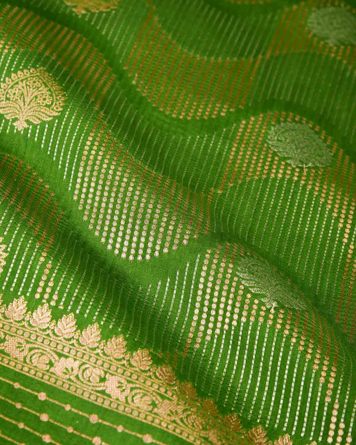 Green Gold & Silver Zari Brocade Woven Spun Silk Banarasi Saree