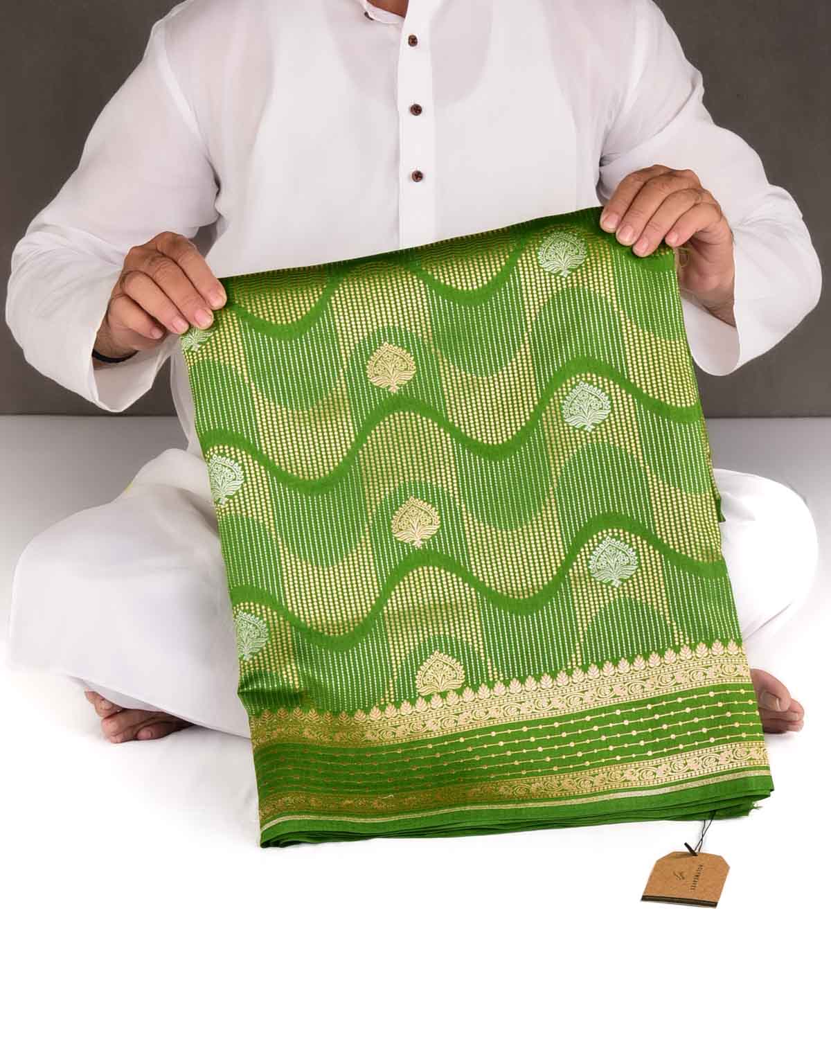 Green Gold & Silver Zari Brocade Woven Spun Silk Banarasi Saree