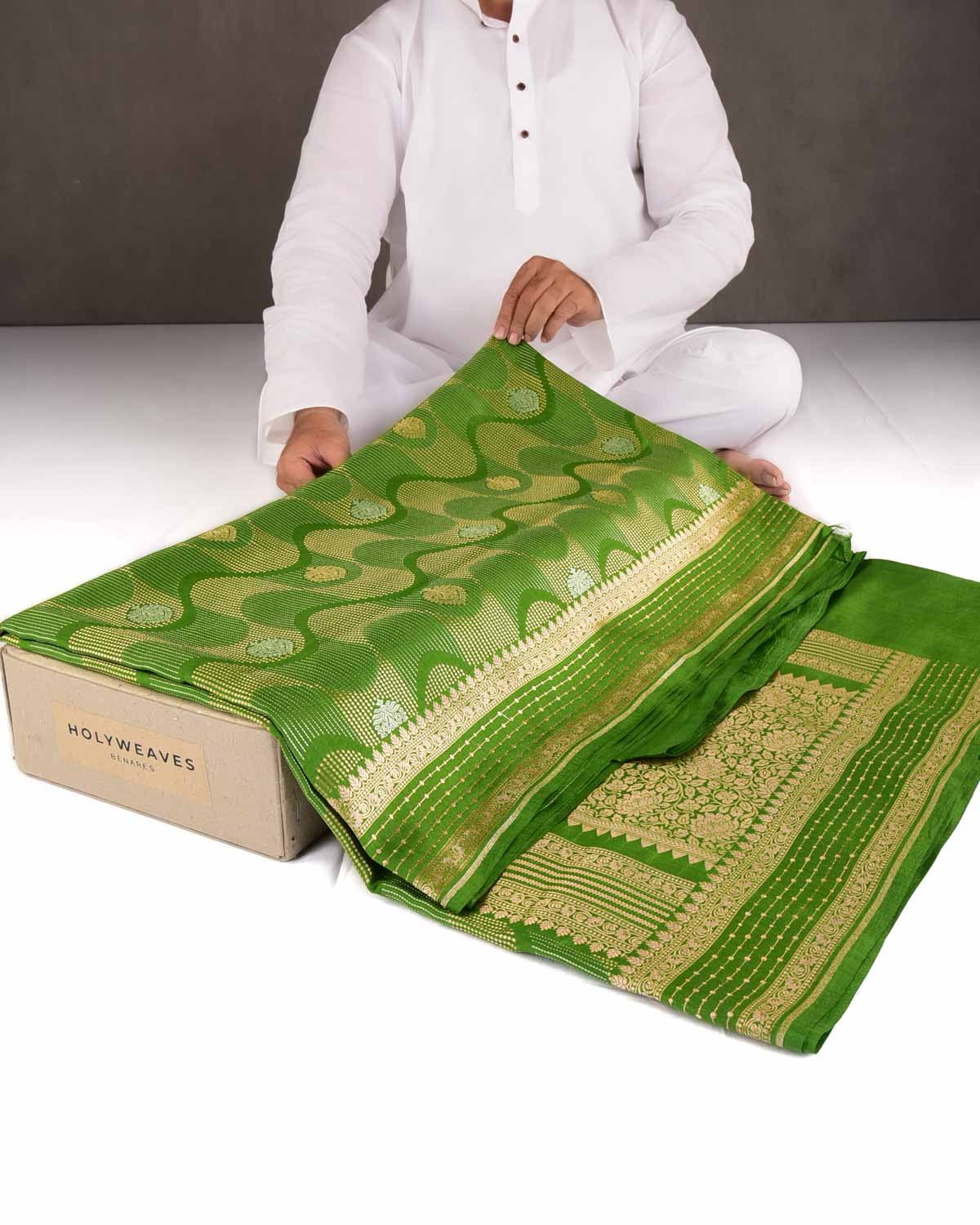 Green Gold & Silver Zari Brocade Woven Spun Silk Banarasi Saree