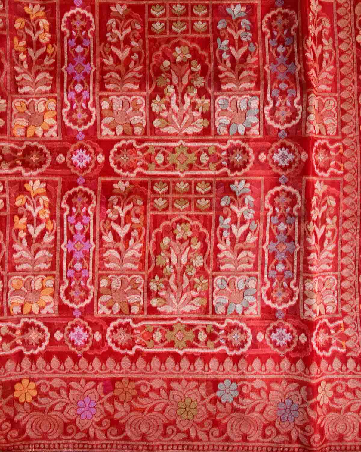 Red Gold & Silver Zari & Meenekari Cutwork Brocade Handwoven Kora Silk Banarasi Saree-HolyWeaves