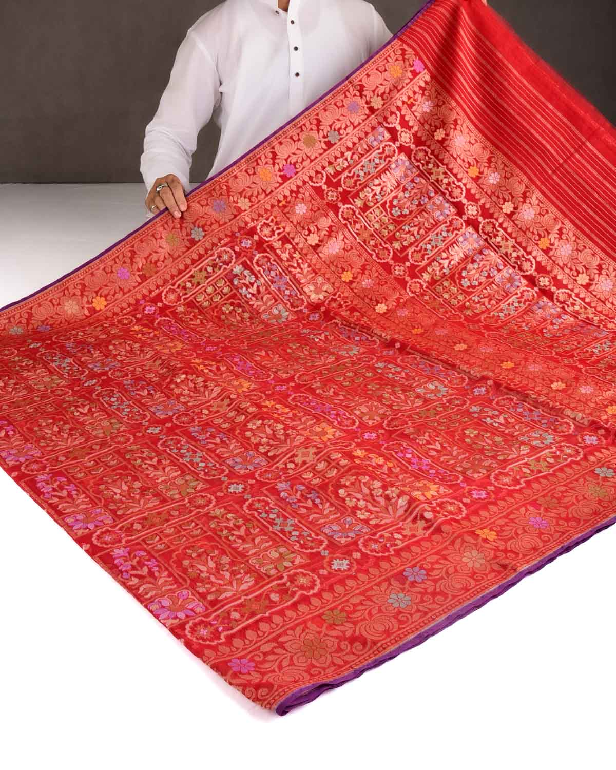 Red Gold & Silver Zari & Meenekari Cutwork Brocade Handwoven Kora Silk Banarasi Saree-HolyWeaves