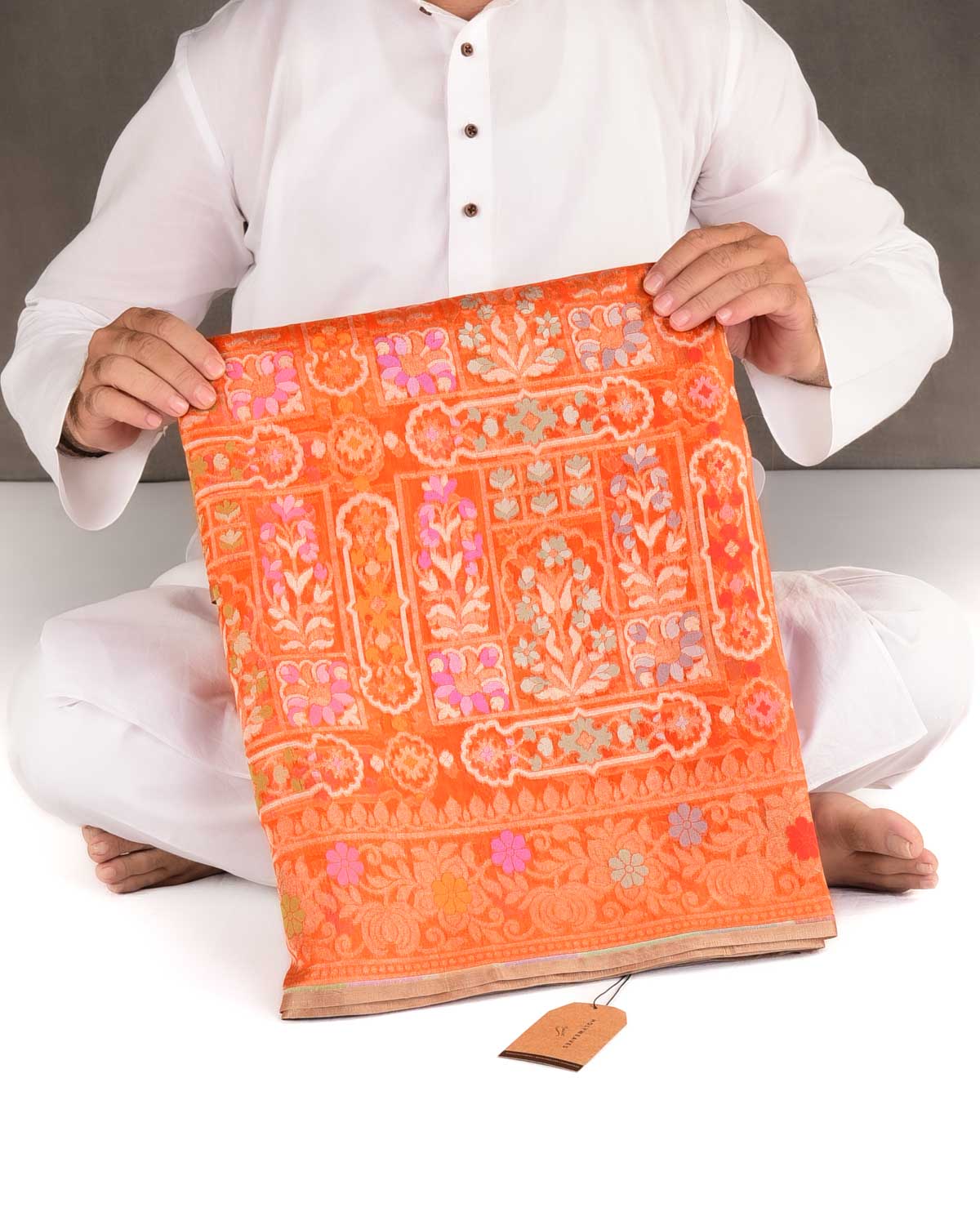 Orange Gold & Silver Zari and Resham Meenekari Cutwork Brocade Handwoven Kora Silk Banarasi Saree-HolyWeaves