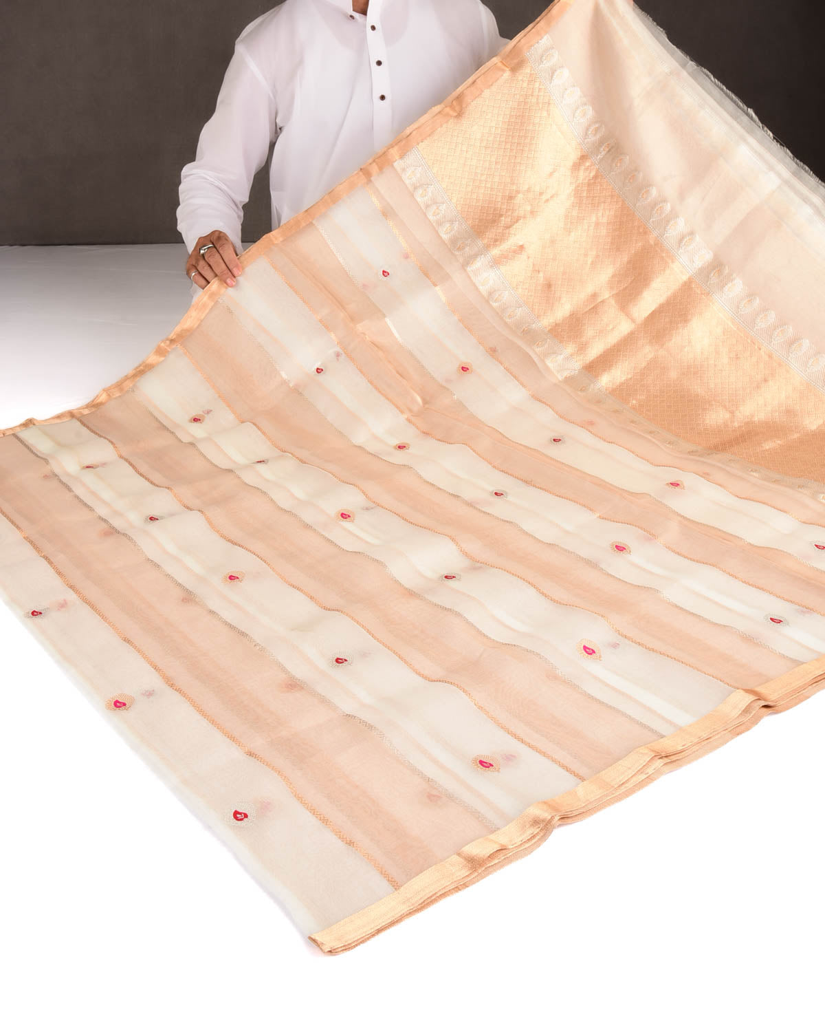 Metallic Ivory White Gold & Silver Zari Striped Meenekari Buti Kadhuan Brocade Handwoven Kora Tissue Banarasi Saree-HolyWeaves