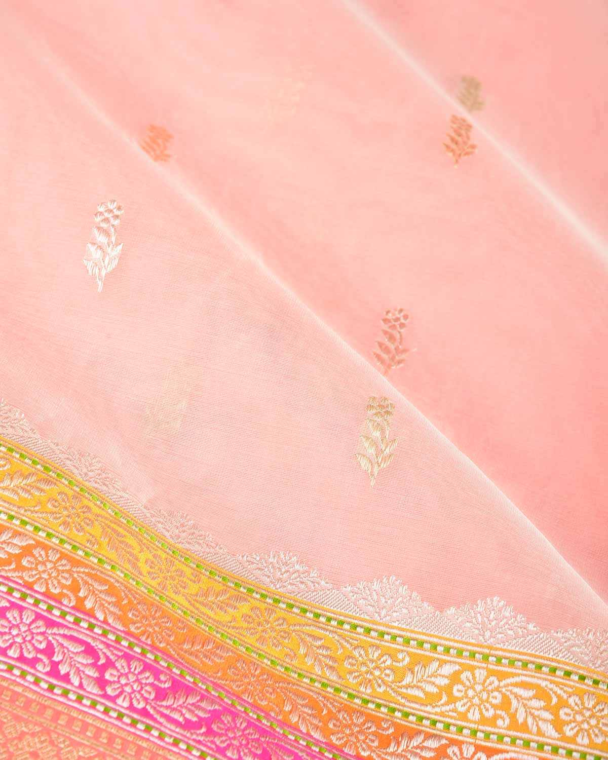Peach Gold Zari & Resham Buti Kadhuan Brocade Handwoven Kora Silk Banarasi Saree