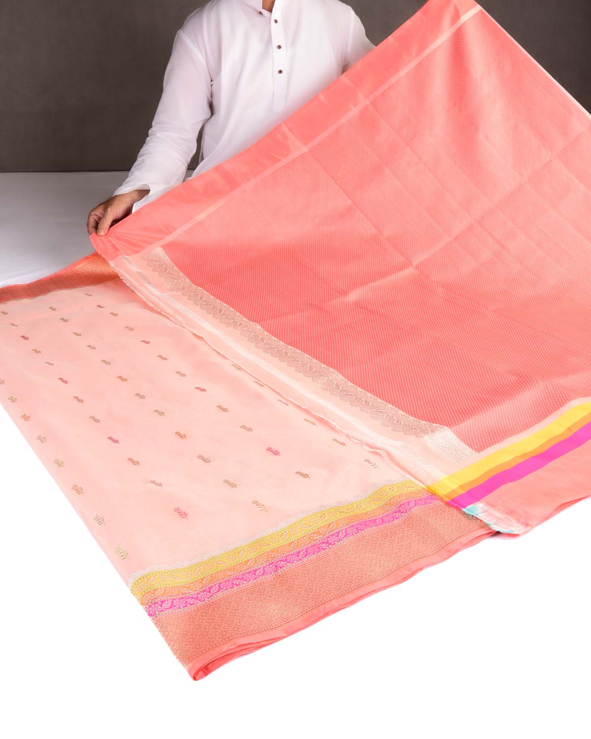 Peach Gold Zari & Resham Buti Kadhuan Brocade Handwoven Kora Silk Banarasi Saree