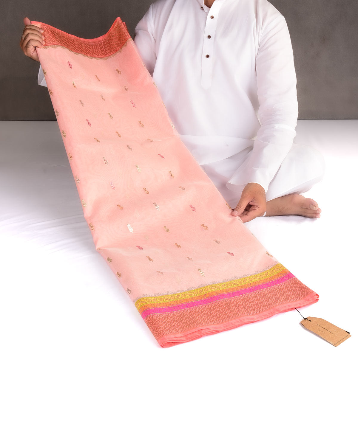 Peach Gold Zari & Resham Buti Kadhuan Brocade Handwoven Kora Silk Banarasi Saree
