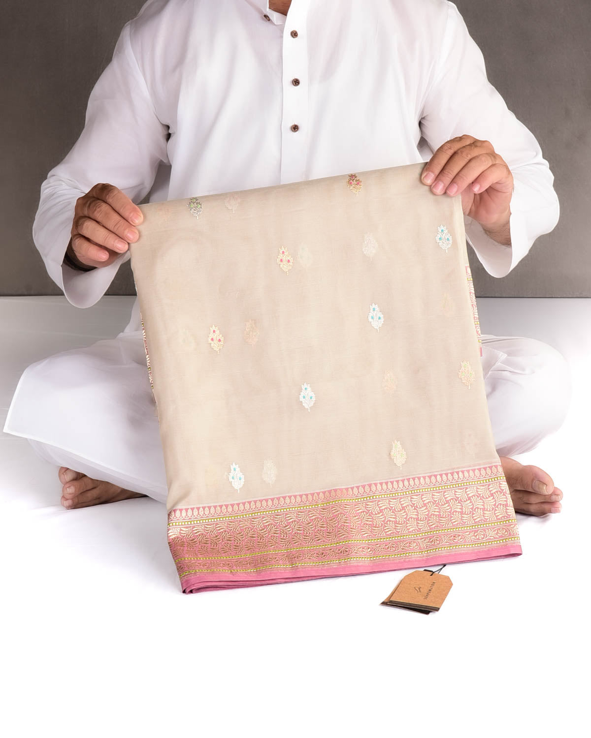 Beige Gold & Silver Zari & Resham Buti Kadhuan Brocade Handwoven Kora Silk Banarasi Saree